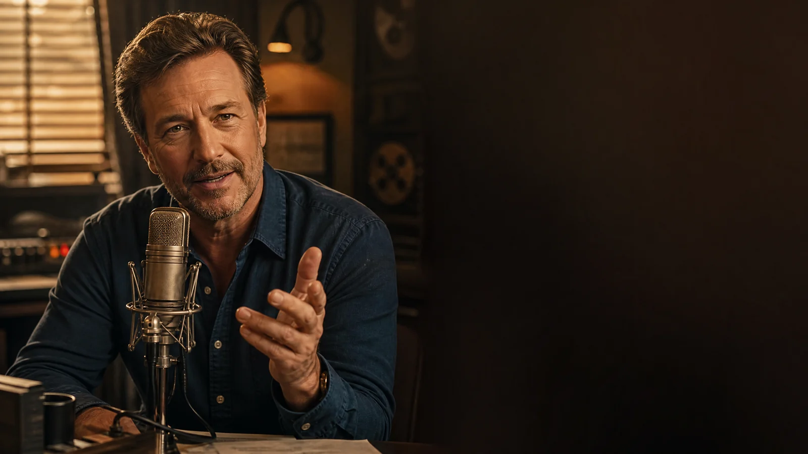 A confident broadcaster leaning into a vintage radio microphone mid-pitch, illustrating direct-response persuasion.