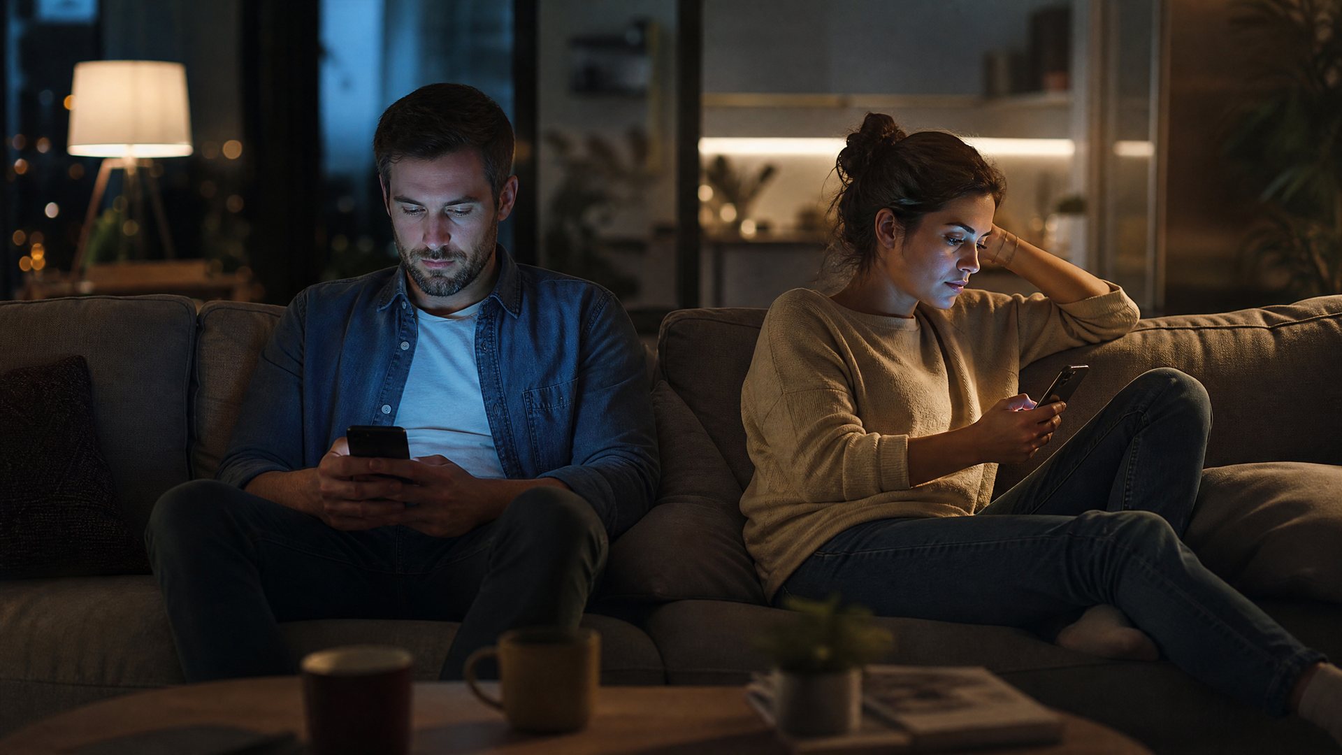 A couple sitting together on a sofa in the evening, each absorbed in a phone, physically close but disconnected.