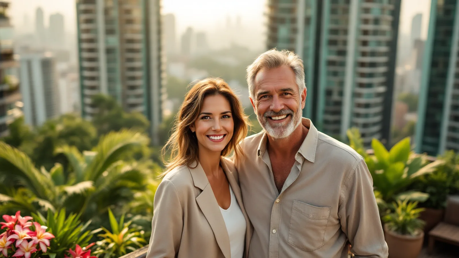 A smiling woman in a linen blazer and a grey-bearded man stand in a rooftop garden with tropical plants and pink flowers among green residential towers.