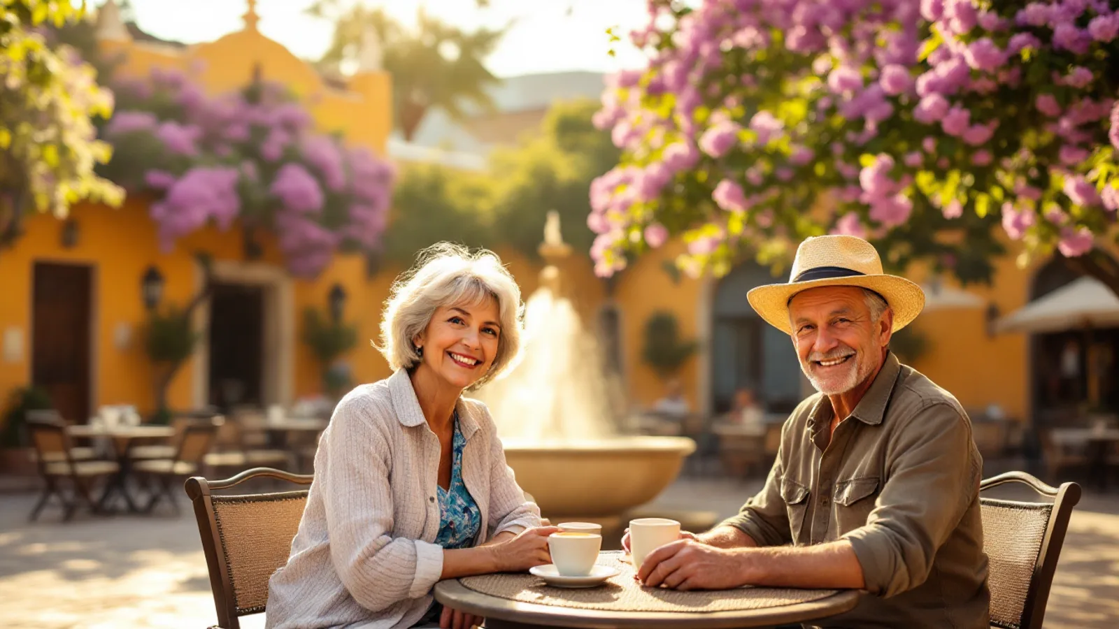 A smiling retired couple sits at a café table beside a fountain in a sunny colonial square with flowering trees.