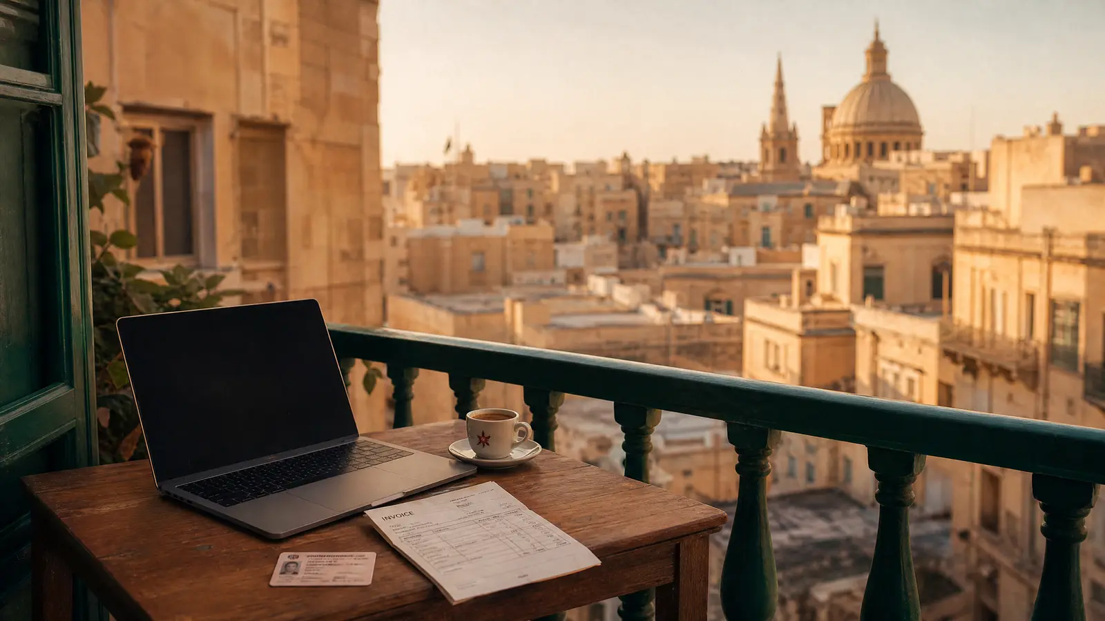 A single wooden desk with a laptop and Maltese ID card beside an espresso cup on a balcony overlooking the honey-coloured rooftops of Valletta at morning light.