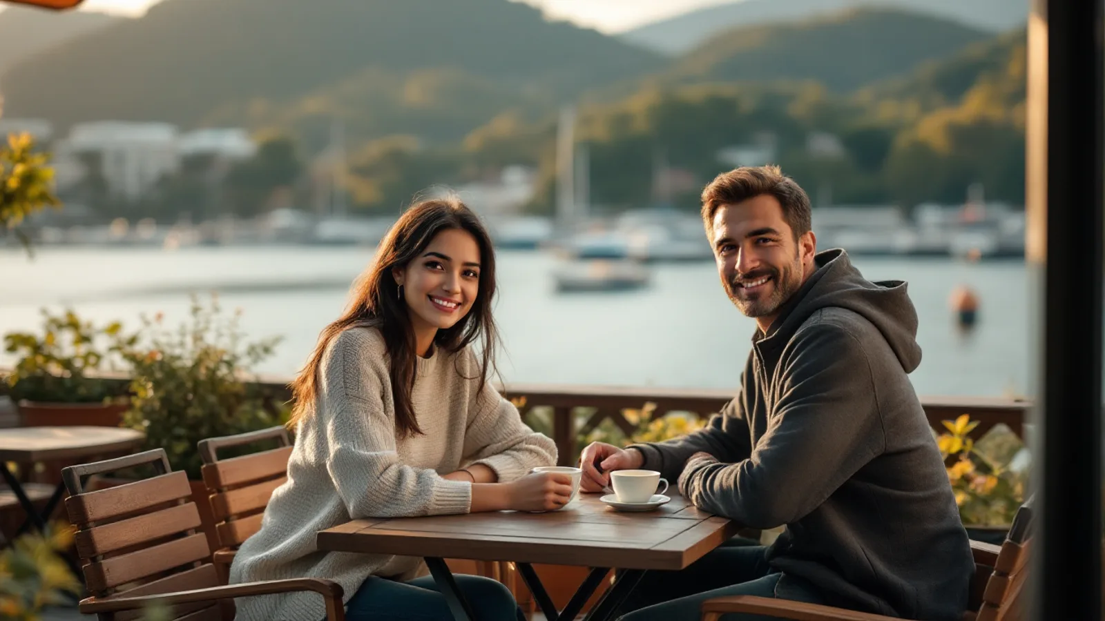 Two remote workers smile at the camera from a café terrace above a calm harbour in a hilly Korean coastal town.