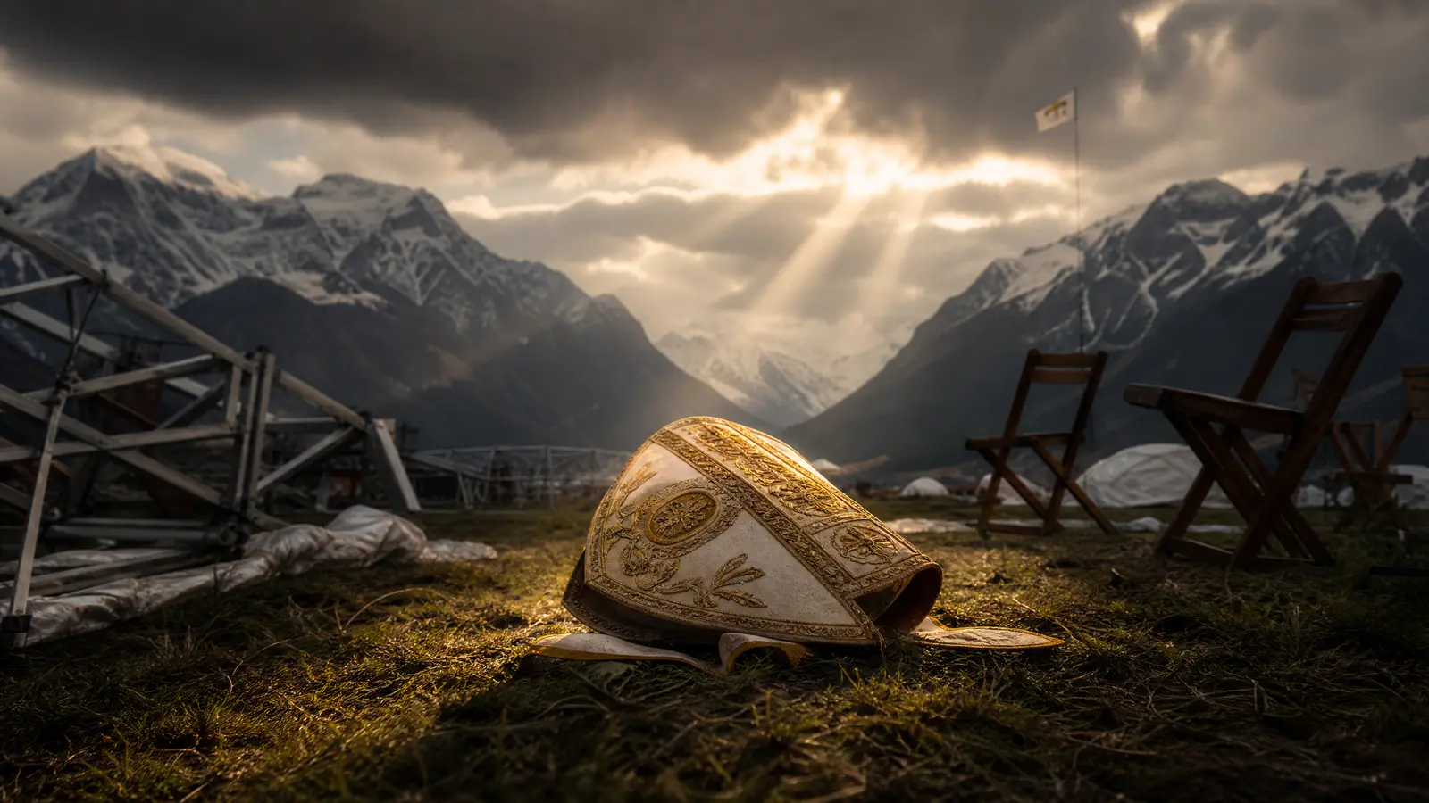 A solitary mitre lying on alpine grass before the Swiss mountains at Écône, storm light breaking over the peaks, symbolizing the SSPX schism and excommunication of 2026.