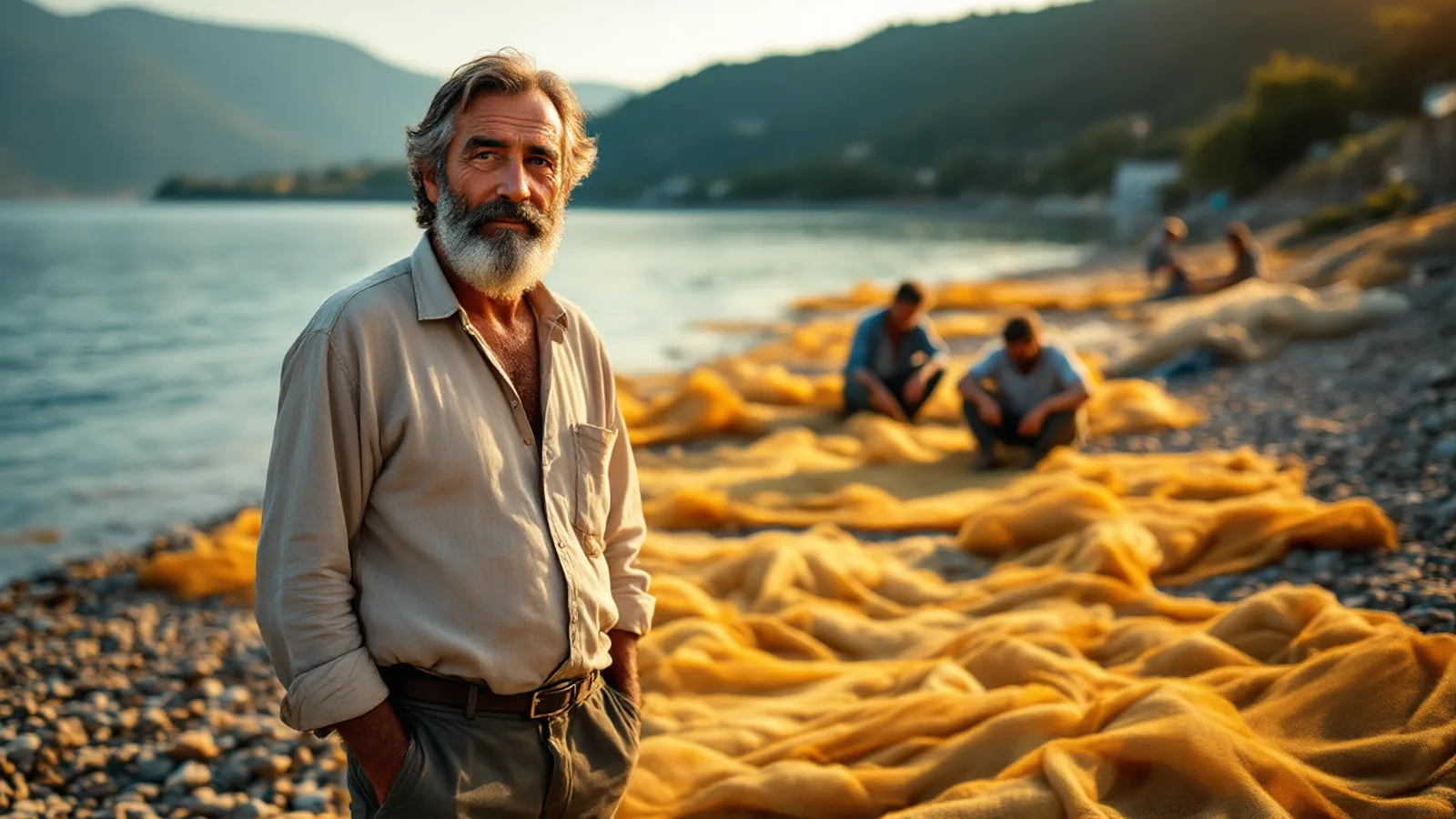 A bearded man in a linen tunic stands up from a bare wooden table on a sunlit lakeside waterfront, fishermen mending nets behind him.