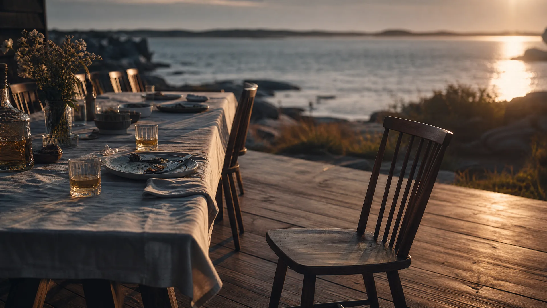 An empty chair pushed back from a set dinner table on a coastal deck at golden hour, one whisky glass untouched.