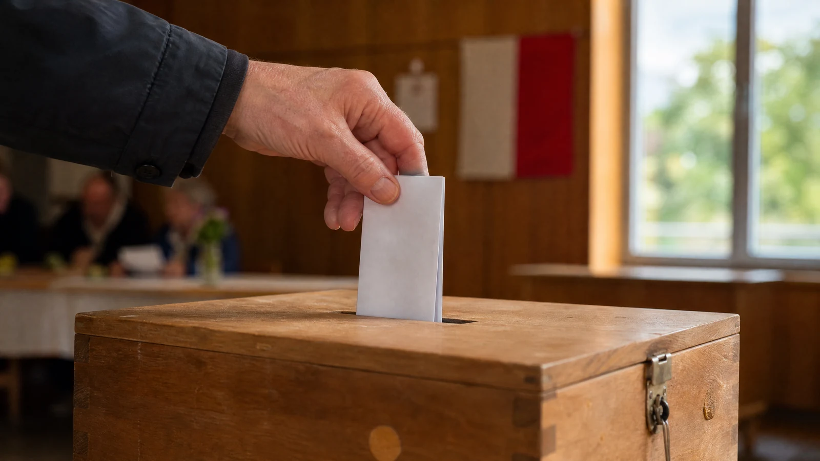 A voter posts a ballot into a sealed wooden ballot box at a Swiss polling station, the red and white Swiss flag softly out of focus behind.