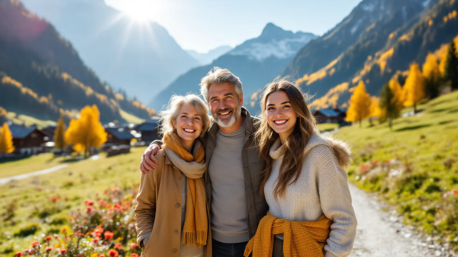 Three generations of a family smile toward the camera on a sunny alpine path above a village of wooden chalets, golden larches on the slopes behind them.