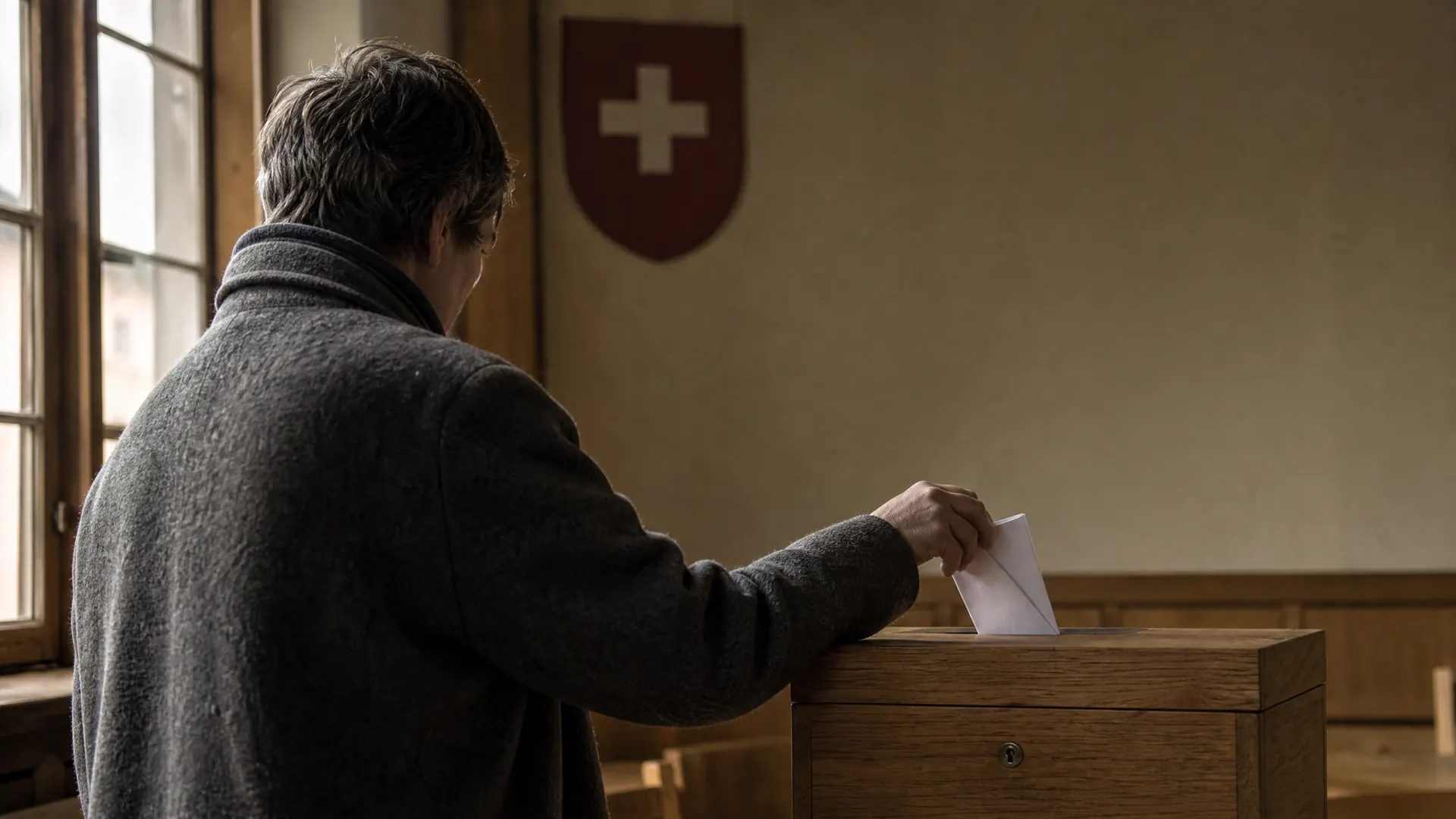 A Swiss voter places a folded ballot into a wooden voting urn in a village hall.