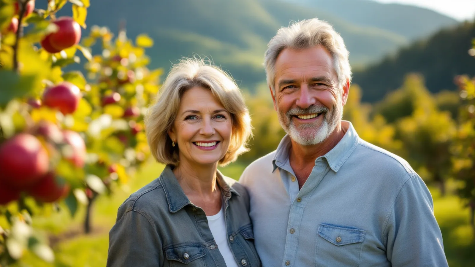 A smiling couple in their fifties stand in a sunny apple orchard with ripe red apples and green hills behind them.