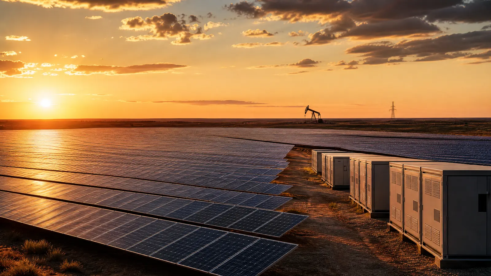 Utility-scale solar panels stretching across a flat West Texas plain at sunset.
