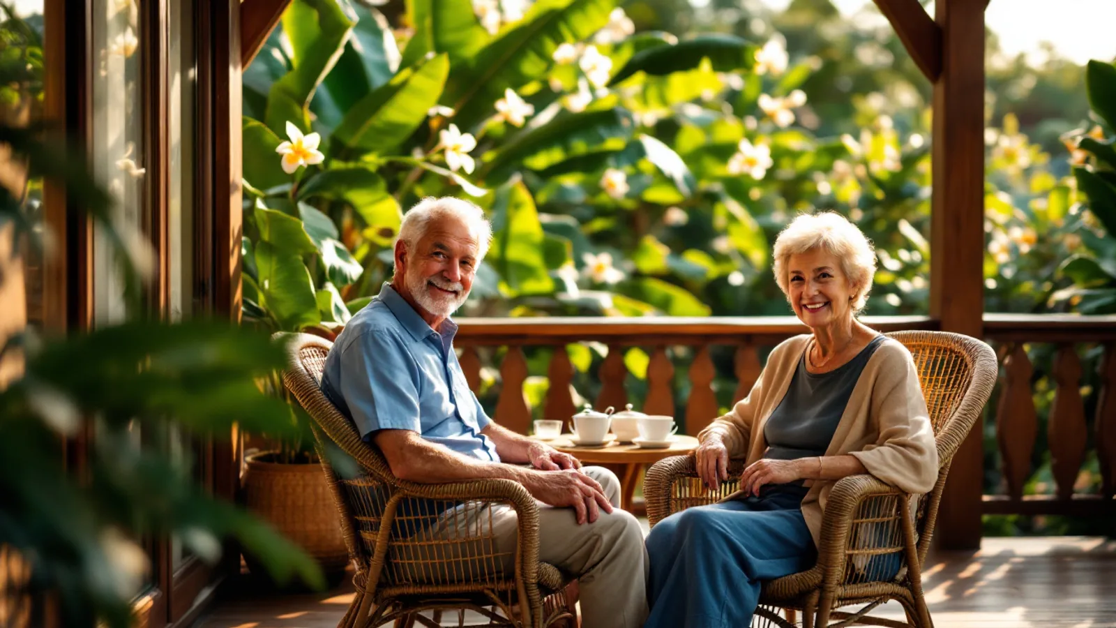 An older couple on the shaded wooden veranda of a garden house in northern Thailand, smiling into the camera