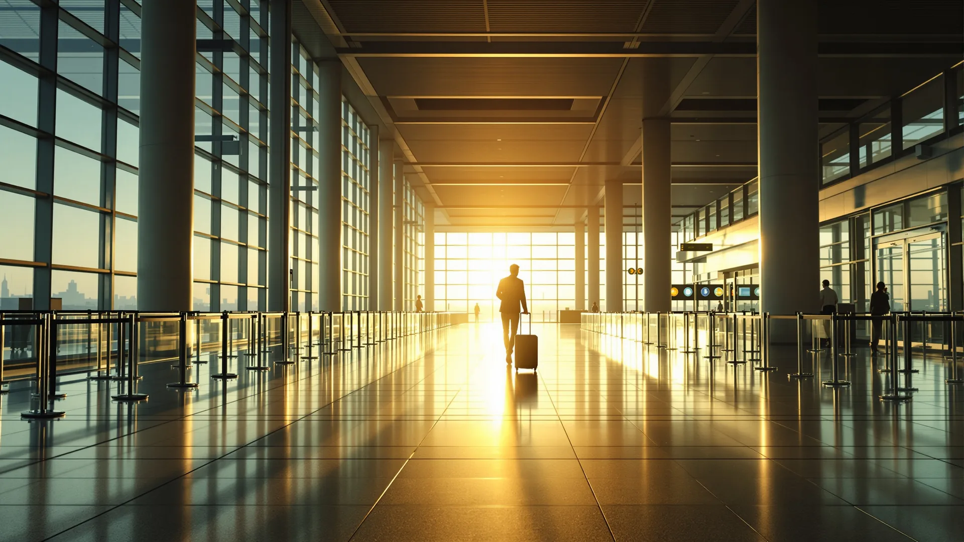 Traveller with a rolling suitcase walking through a bright, empty airport arrivals corridor at dawn