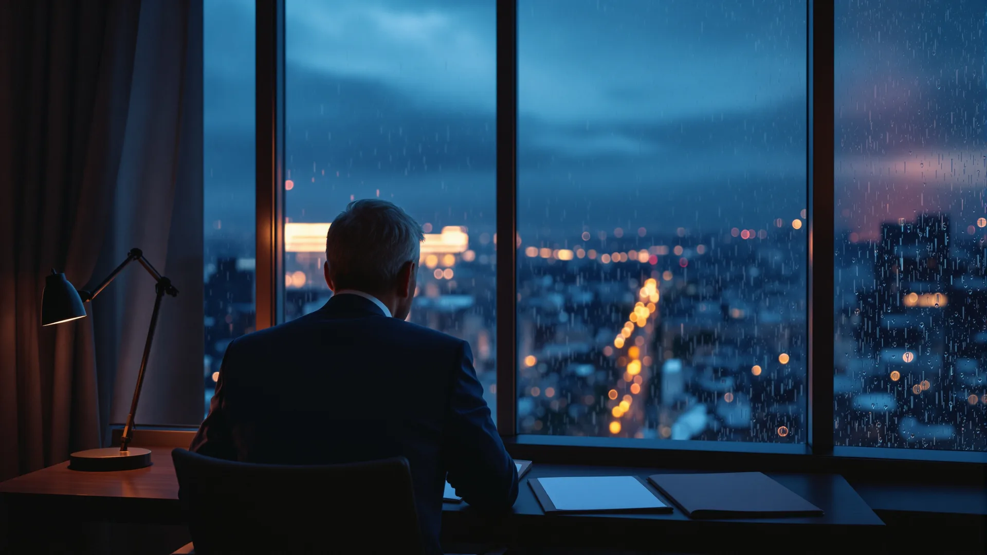 A man at a desk by a rain-streaked window at dusk, two folders in front of him, one open and one closed, city lights beyond.