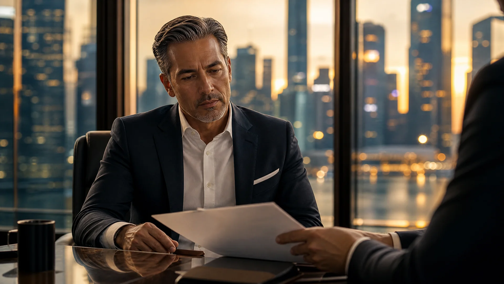 A private banking client studies a single document slid across the table by a relationship banker, a city skyline blurred behind the glass.