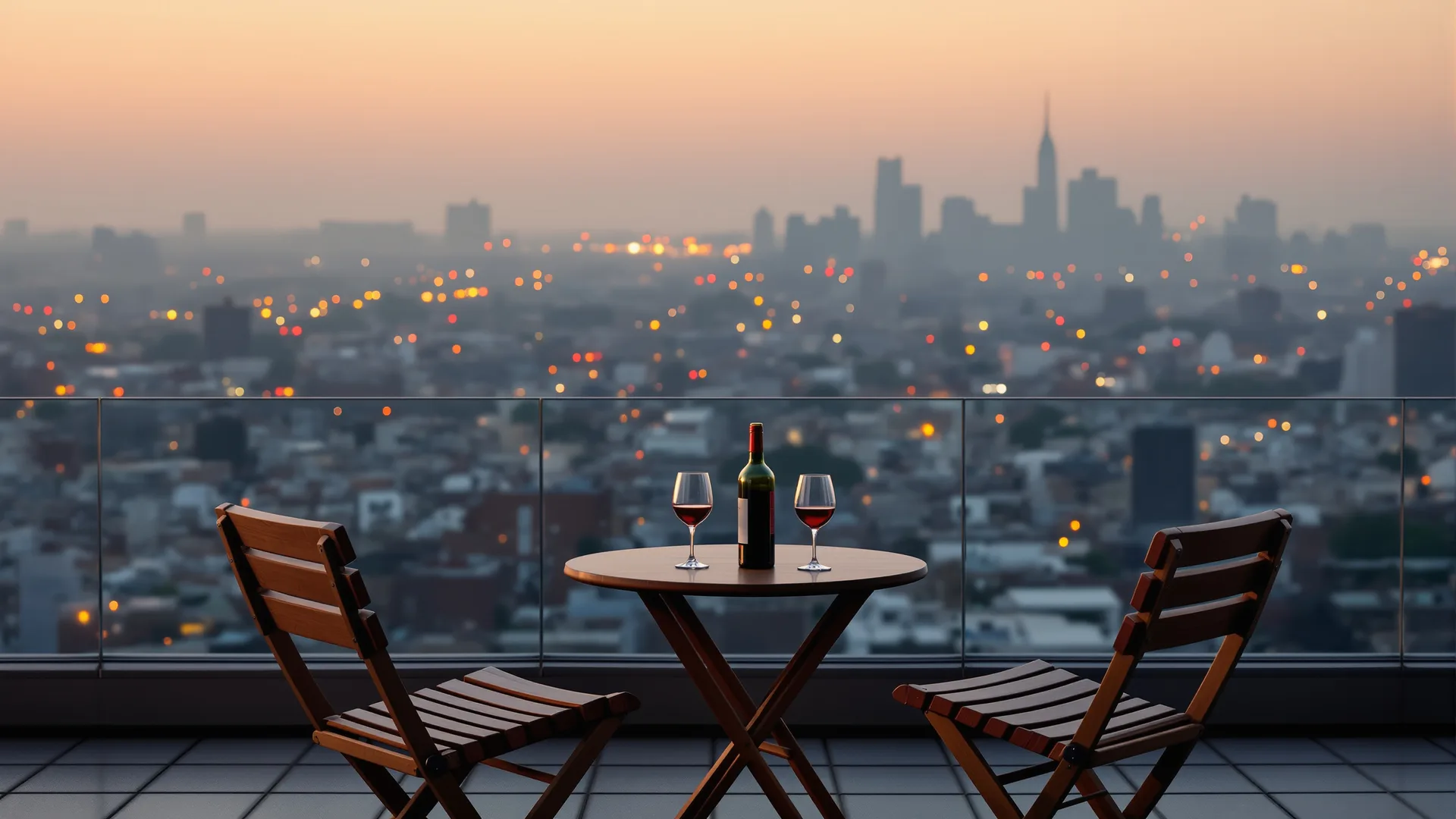 Two empty chairs at a small table on a terrace overlooking a city at dusk, a bottle of wine and two glasses between them, warm evening light.