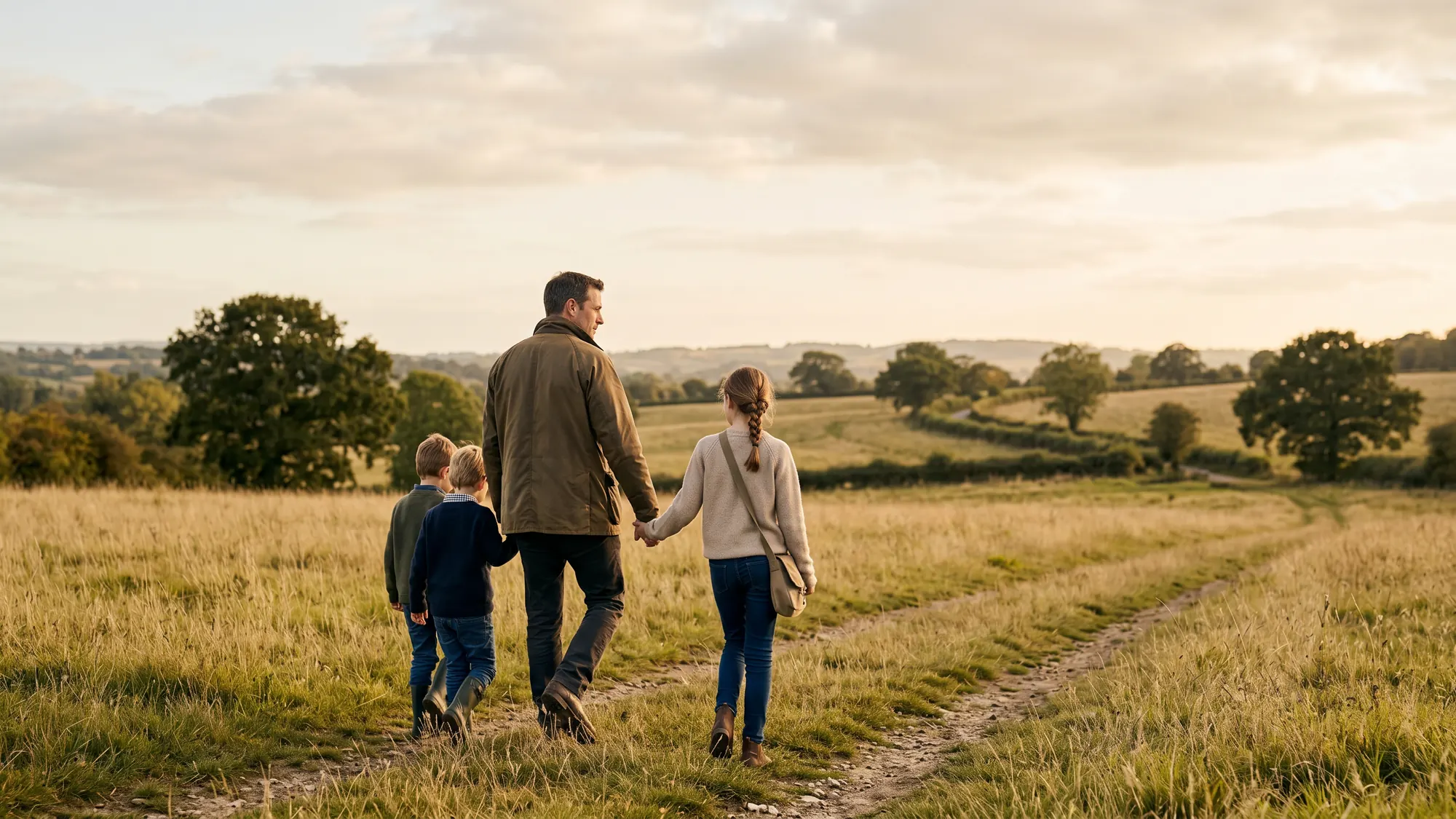 Father walking with children in open countryside, illustrating raising children in truth and freedom.