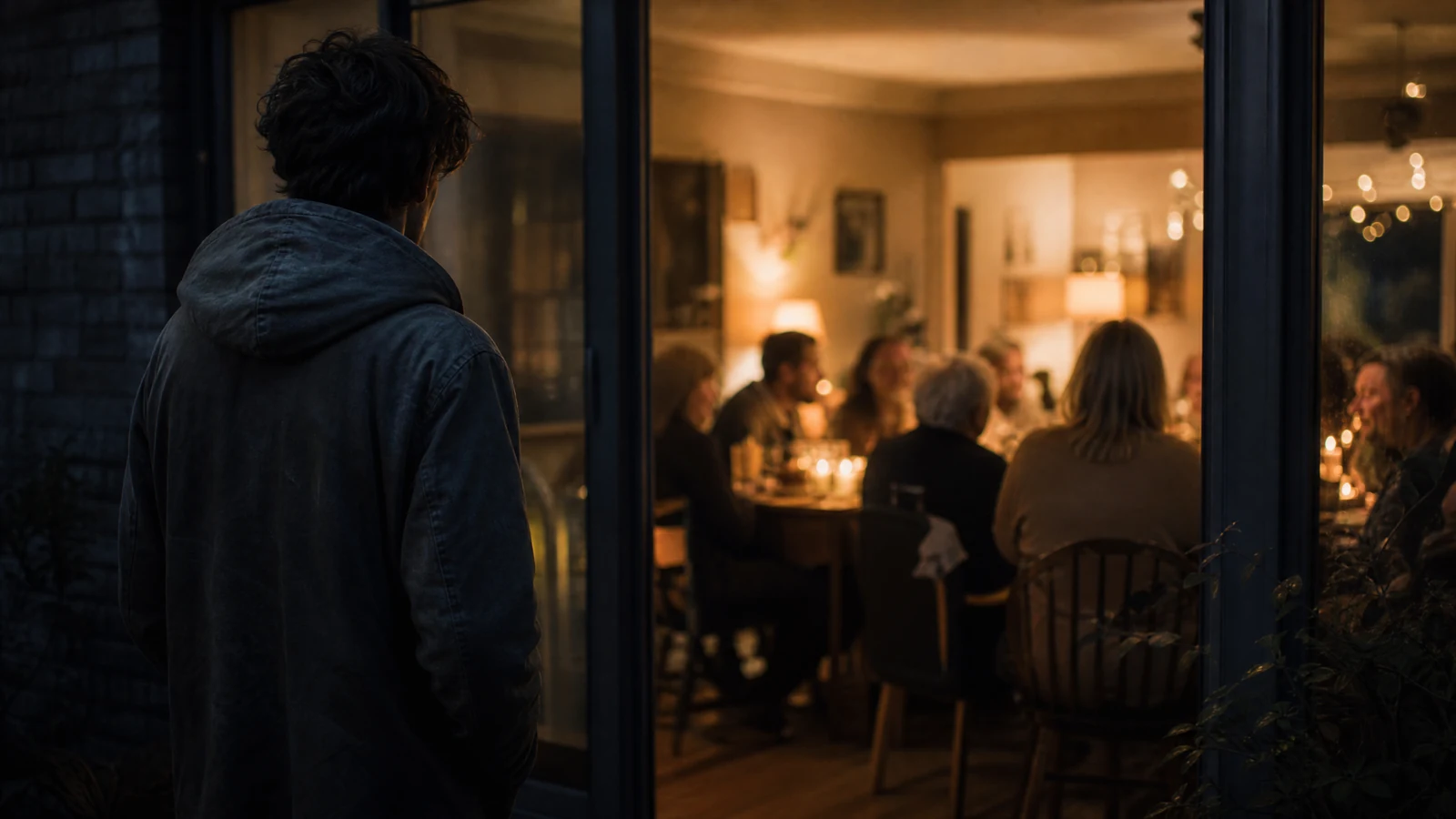 A young man standing alone at the edge of a family gathering, looking in.