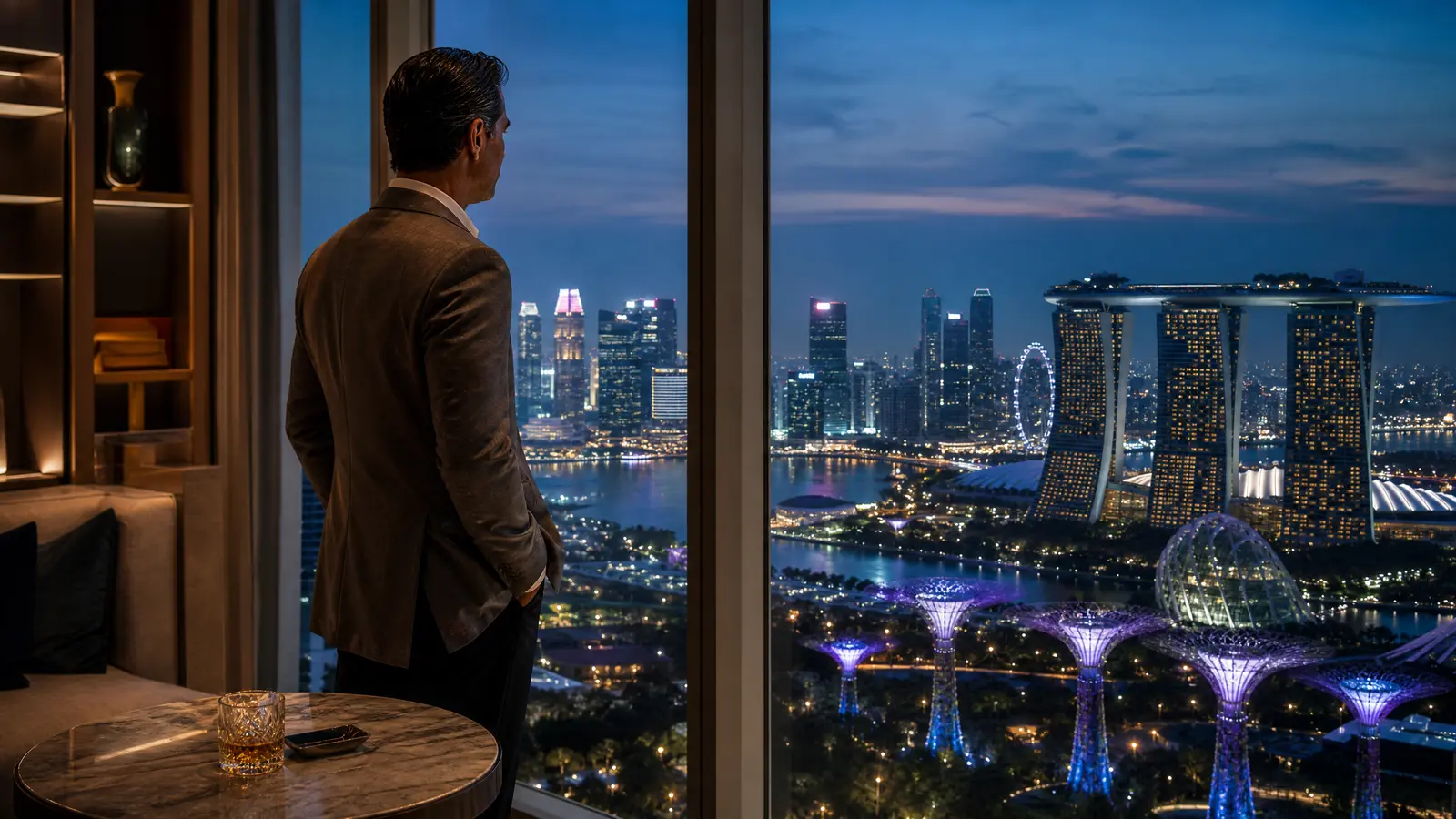 Businessman looking out over the Singapore Marina Bay skyline at dusk, reflecting on the city's rise from poverty to global financial centre.