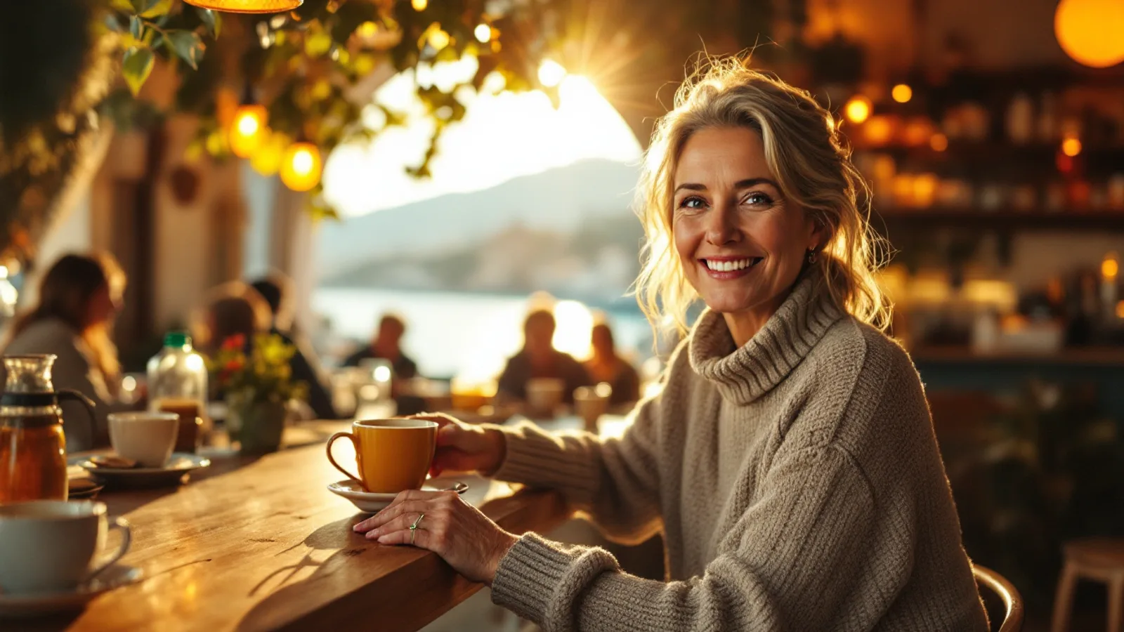 Smiling woman in a knitted sweater with a coffee by the window of a warmly lit café