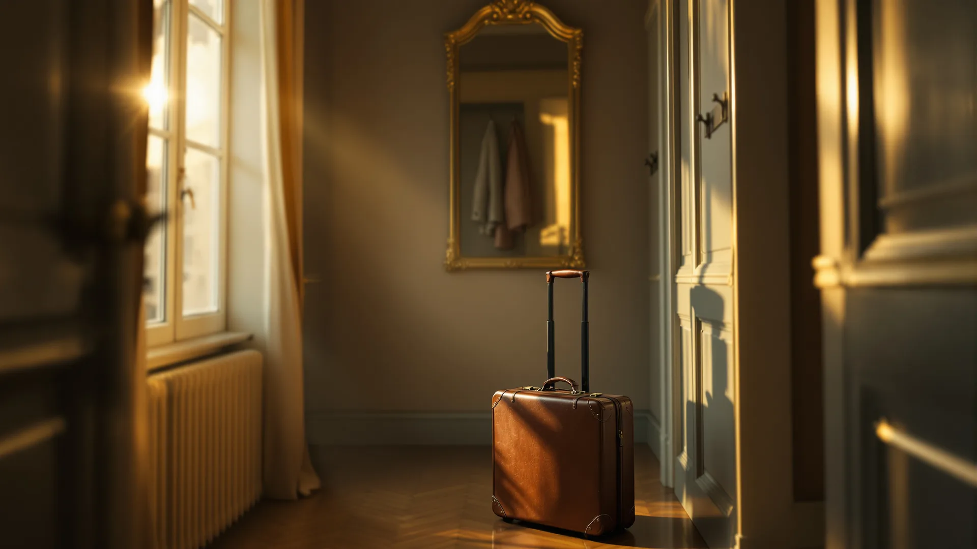 A single packed leather suitcase standing by a front door in early morning light