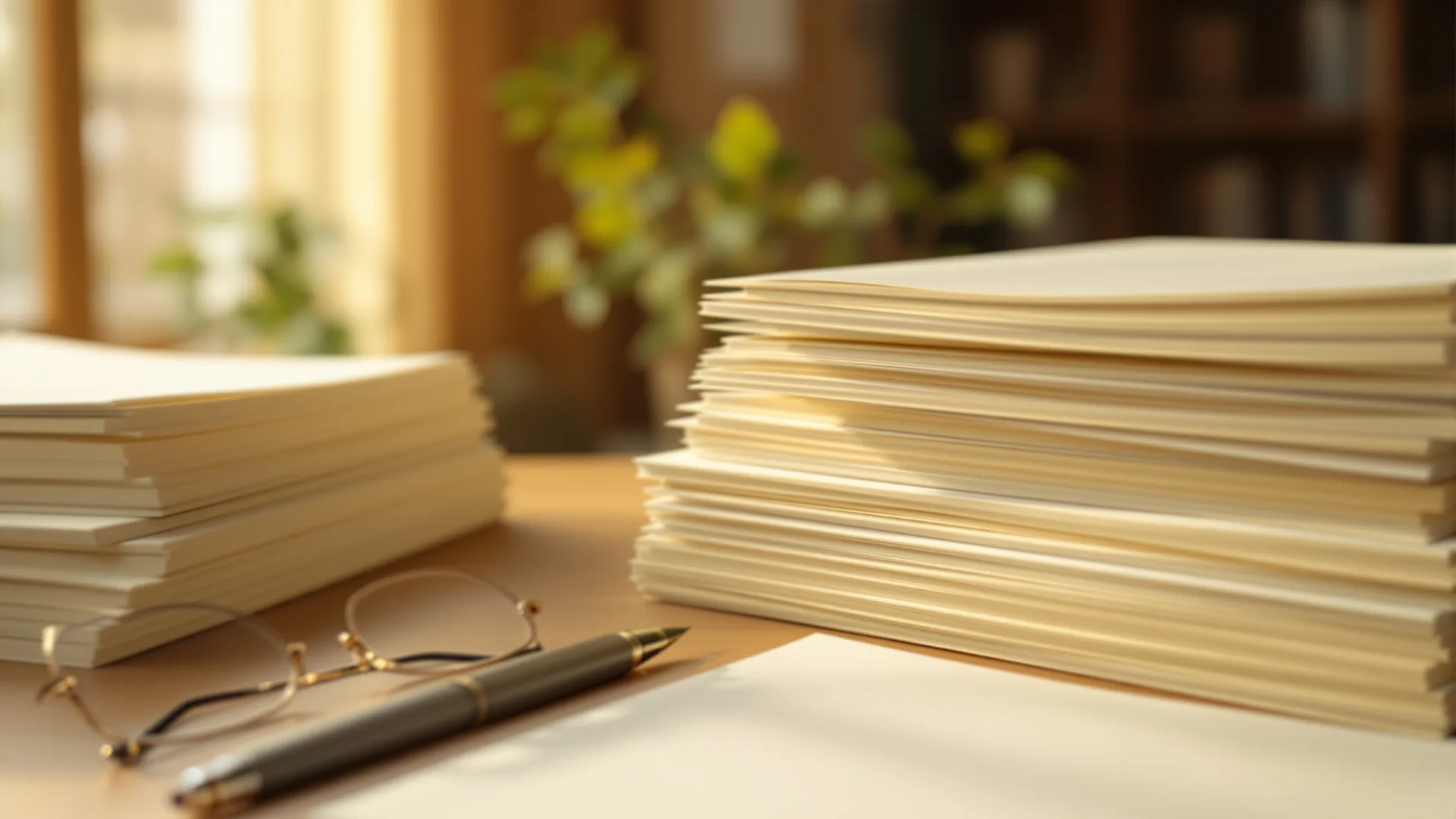 An open archive folder with boarding passes, receipts and paper documents neatly sorted on a wooden desk, warm morning light through a window. Wide landscape format.