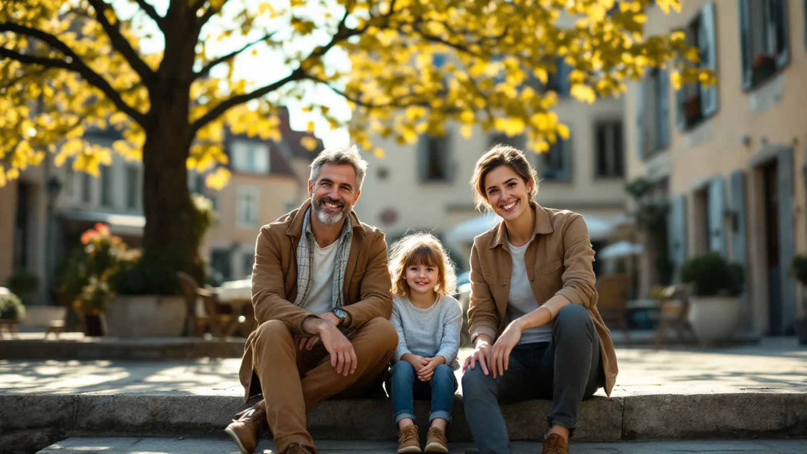 A family of three sits on sunlit stone steps in a European town square in late September, smiling toward the camera.
