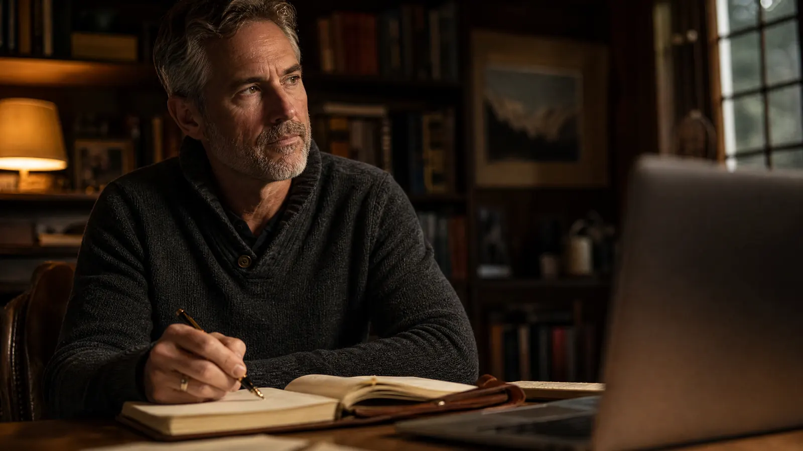 A man writing by hand in a notebook at his desk, an open laptop beside him in soft focus.