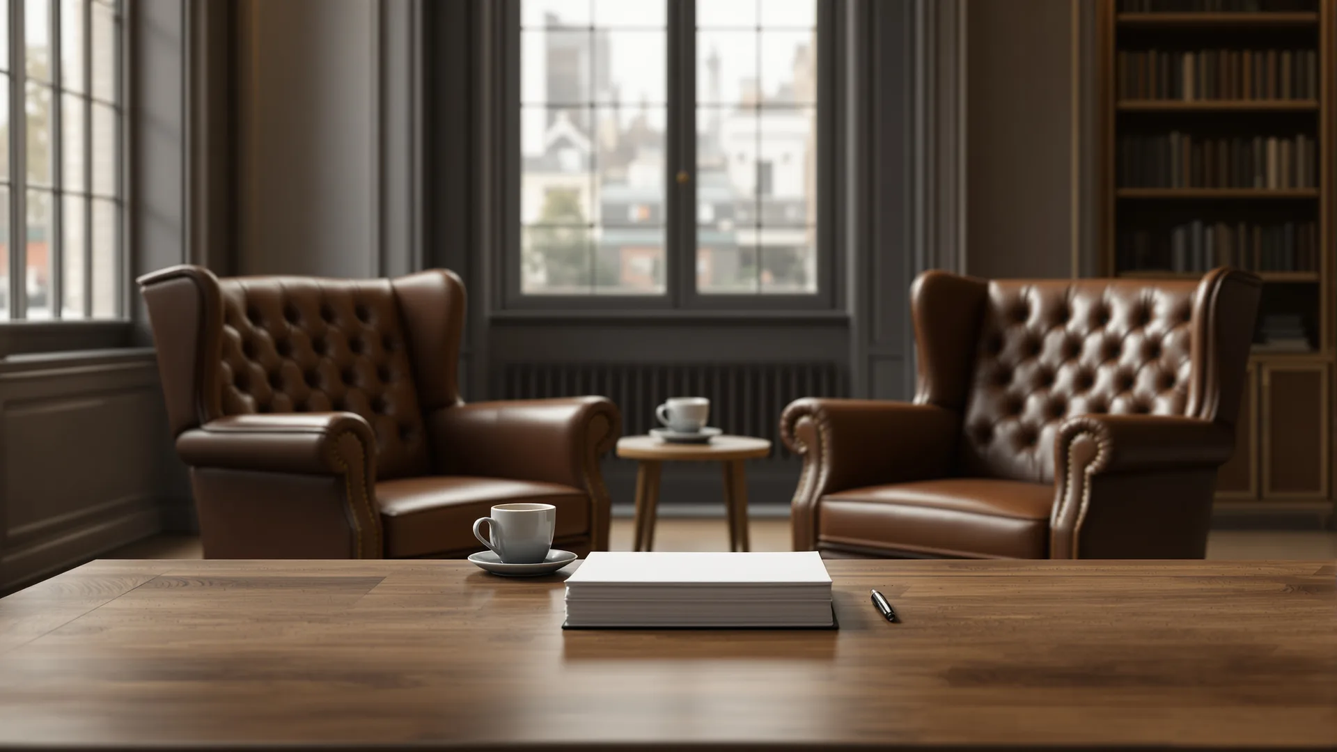 Two leather armchairs facing each other across a low table with papers and coffee in a quiet London office