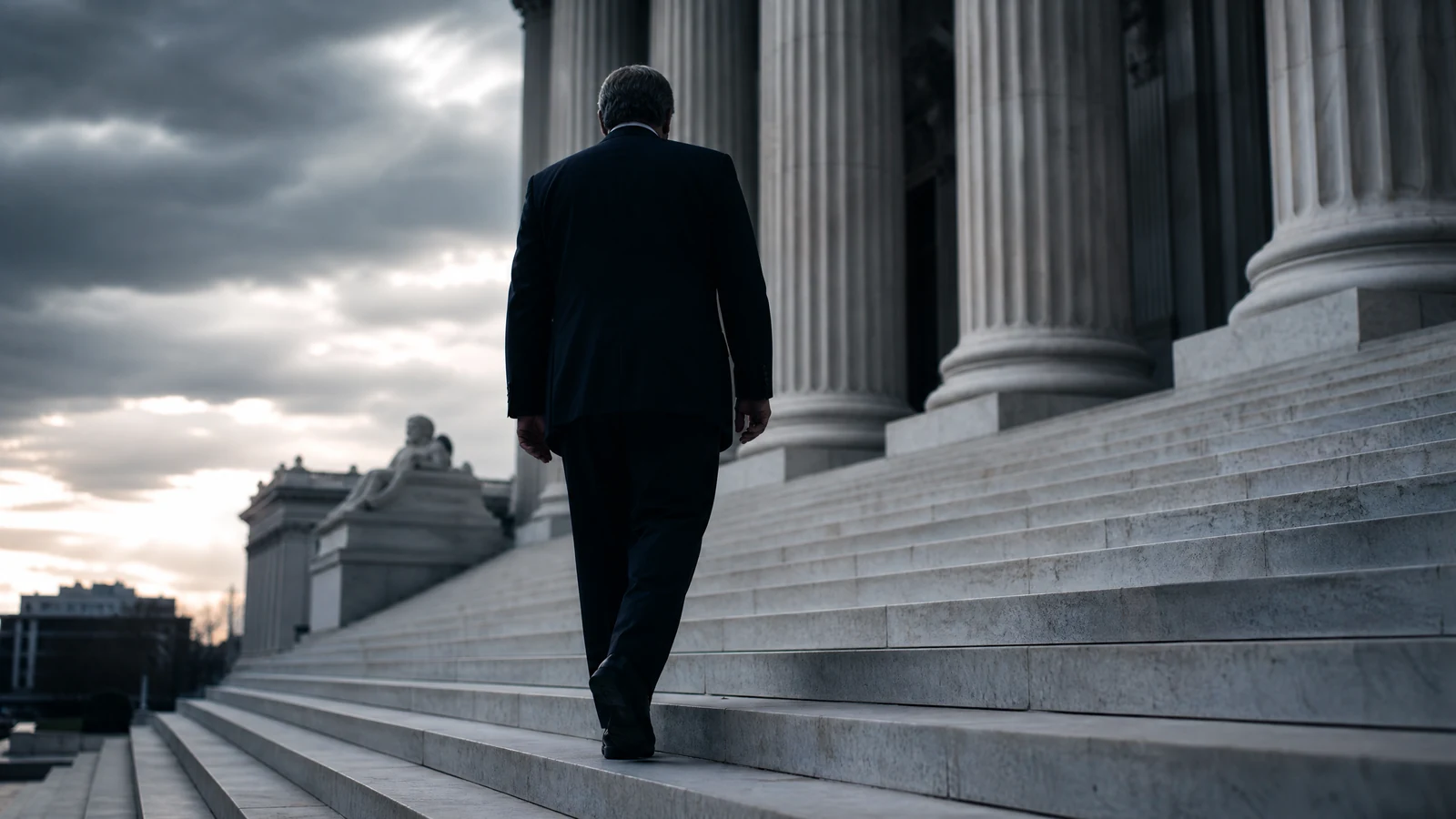 A lone man in a dark suit climbs the marble steps of a high court building in shadow.