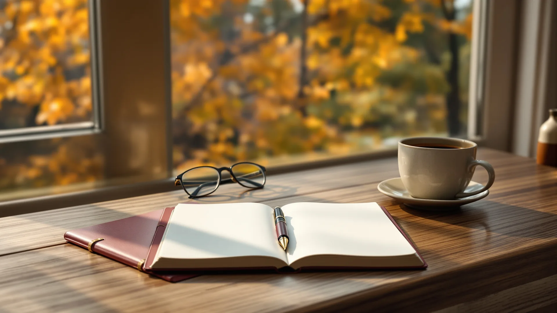A wooden desk by a window in early autumn light, an open notebook, a passport and reading glasses beside a cup of coffee, leaves turning outside. Warm morning light, shallow depth of field.