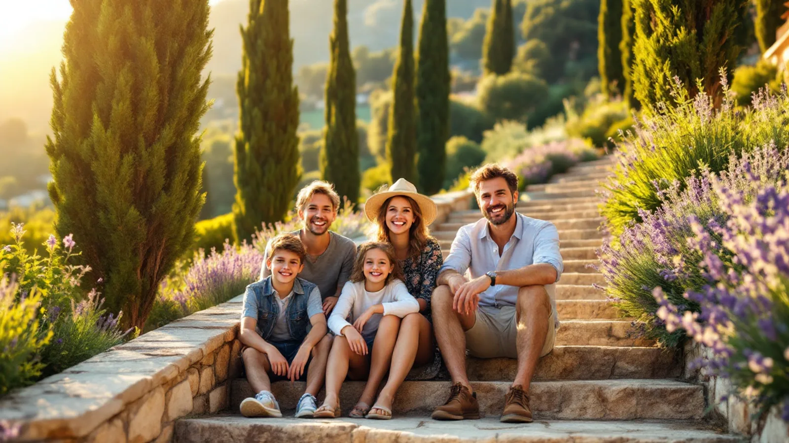Family of four laughing together on a sunny rooftop terrace above a Mediterranean city