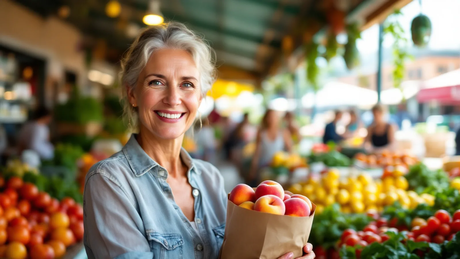 Smiling woman holding a bag of peaches in a sunlit fresh-produce market hall