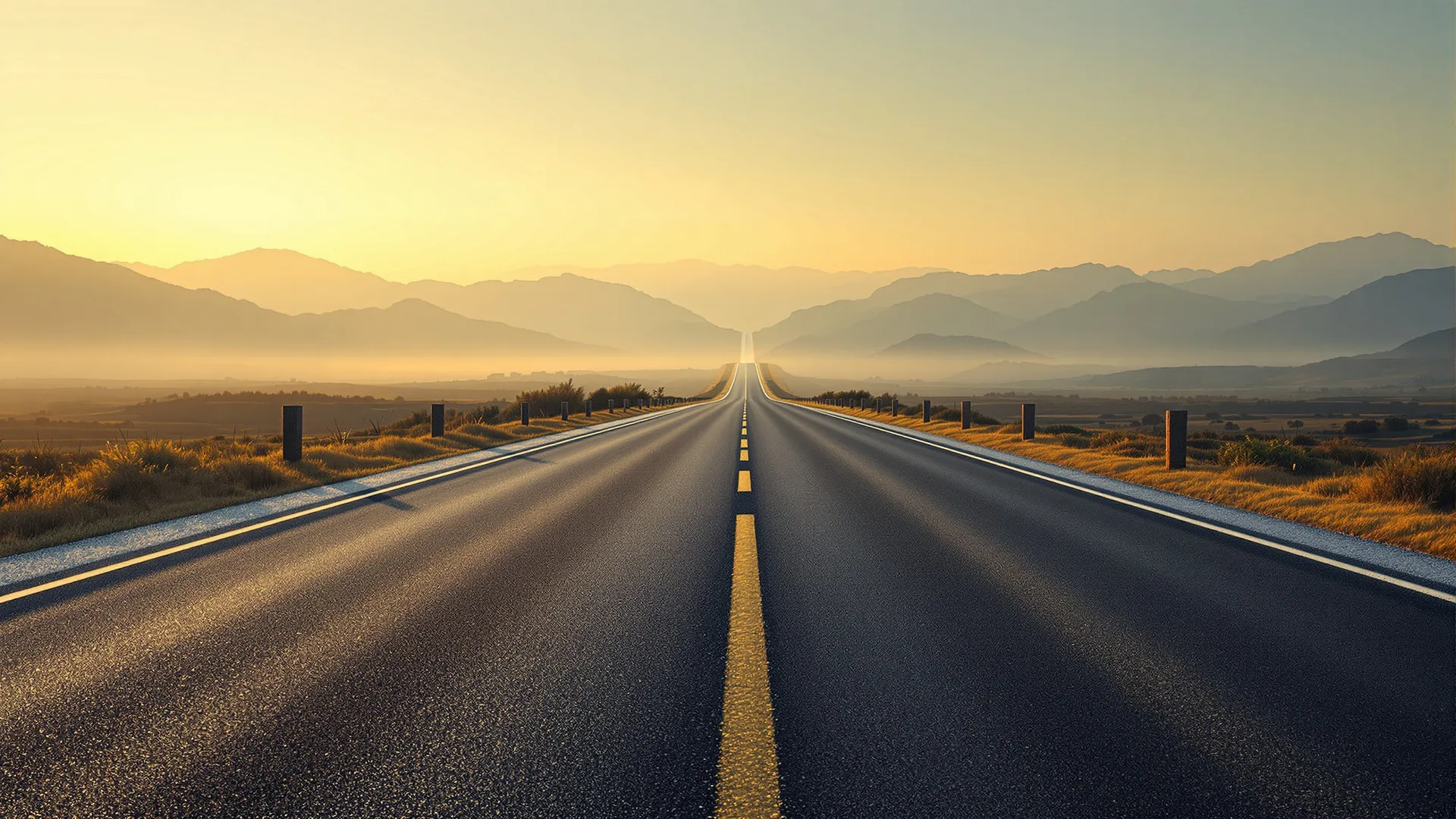Long straight road stretching toward distant mountains at dawn, ten kilometre marker stones lining the empty asphalt