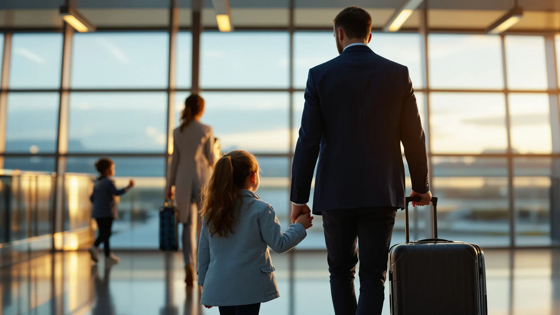Father holding his young daughter's hand in an airport departure hall at dusk, suitcases beside them