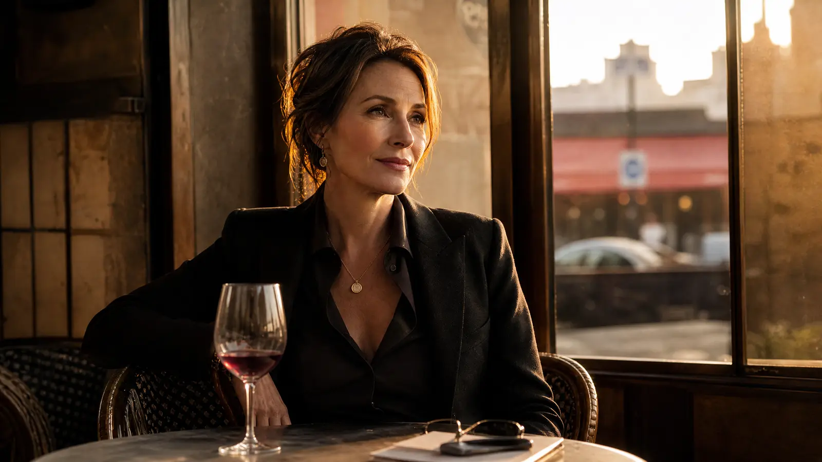 A self-possessed woman in her late forties sits alone at a cafe table at golden hour, composed and entirely at ease.