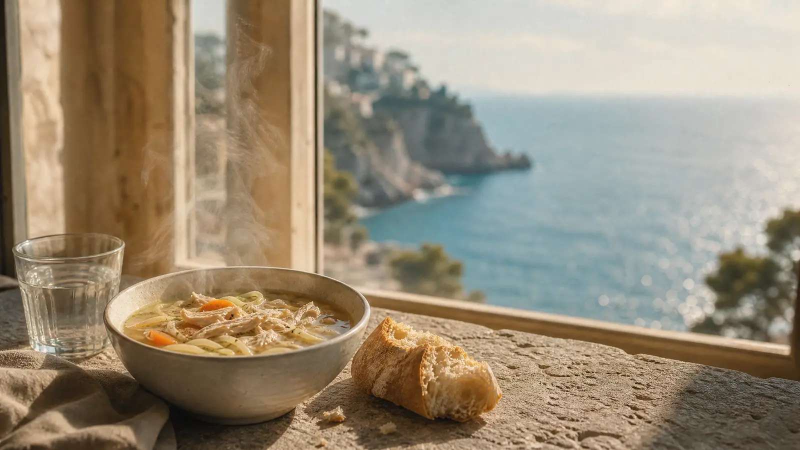 A simple bowl of chicken noodle soup with fresh baguette beside a window overlooking the Mediterranean sea on the Cote d'Azur.
