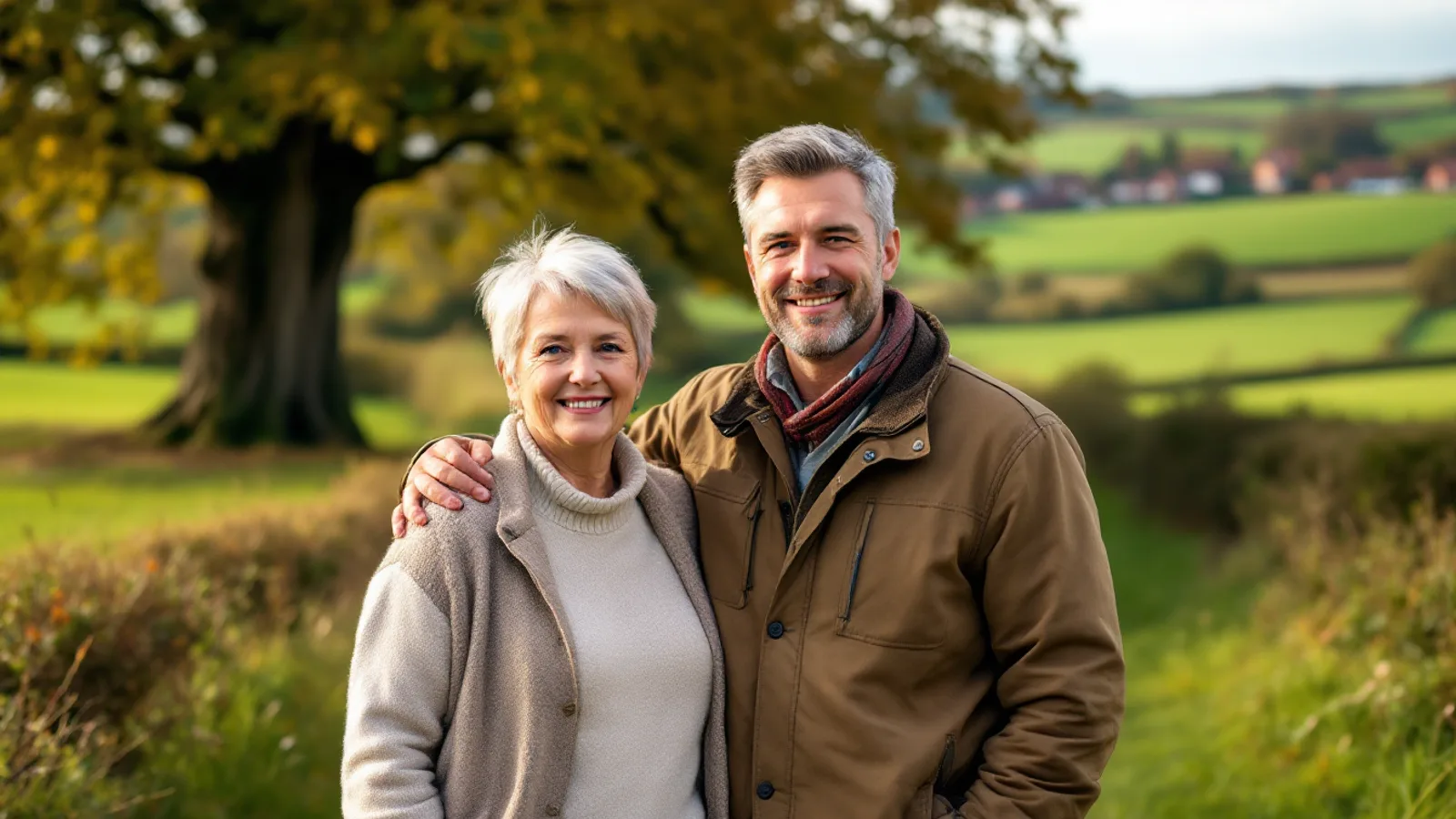 A smiling woman in her sixties and her adult son stand arm in arm on a country footpath beside an old oak tree, with green English fields and a distant village behind.