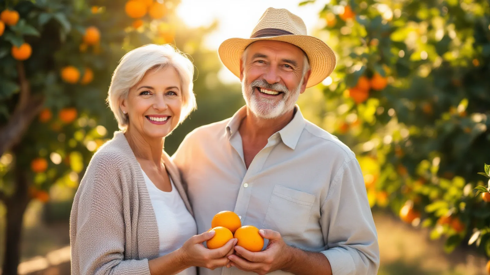 A smiling retired couple holding freshly picked oranges in a sunlit orange grove.