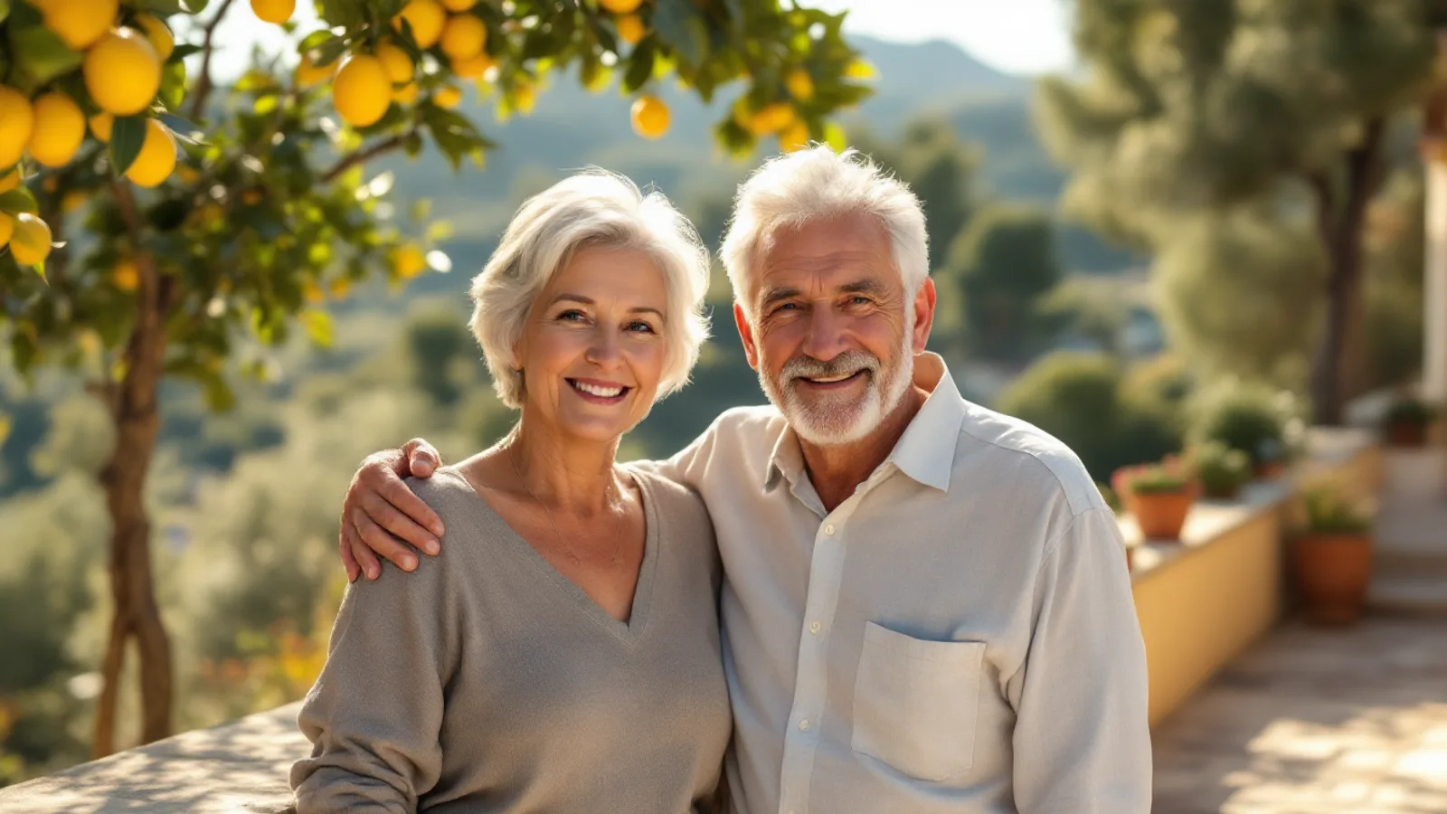 A smiling retired couple with silver hair stand arm in arm on a sunny stone terrace beside a lemon tree, with green hills behind them.