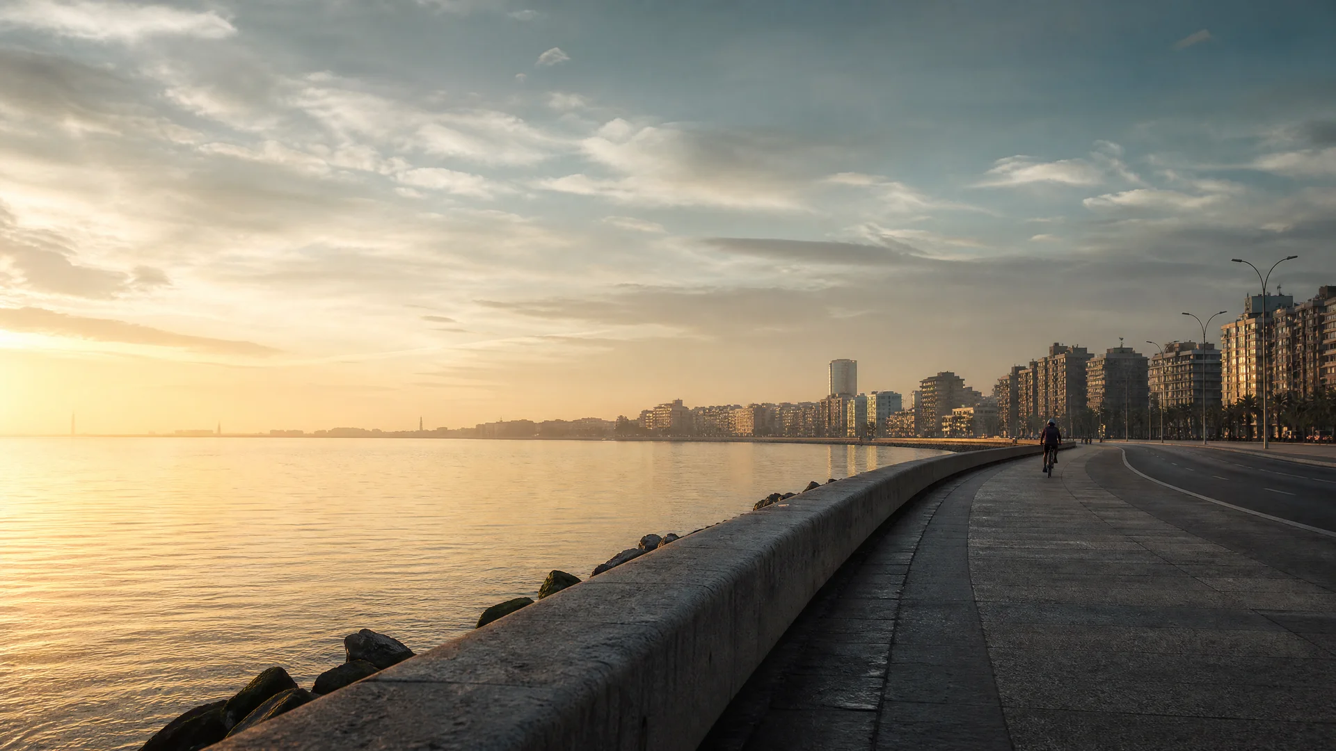The Montevideo rambla at dawn, with the Rio de la Plata stretching to the horizon under a pale sky.