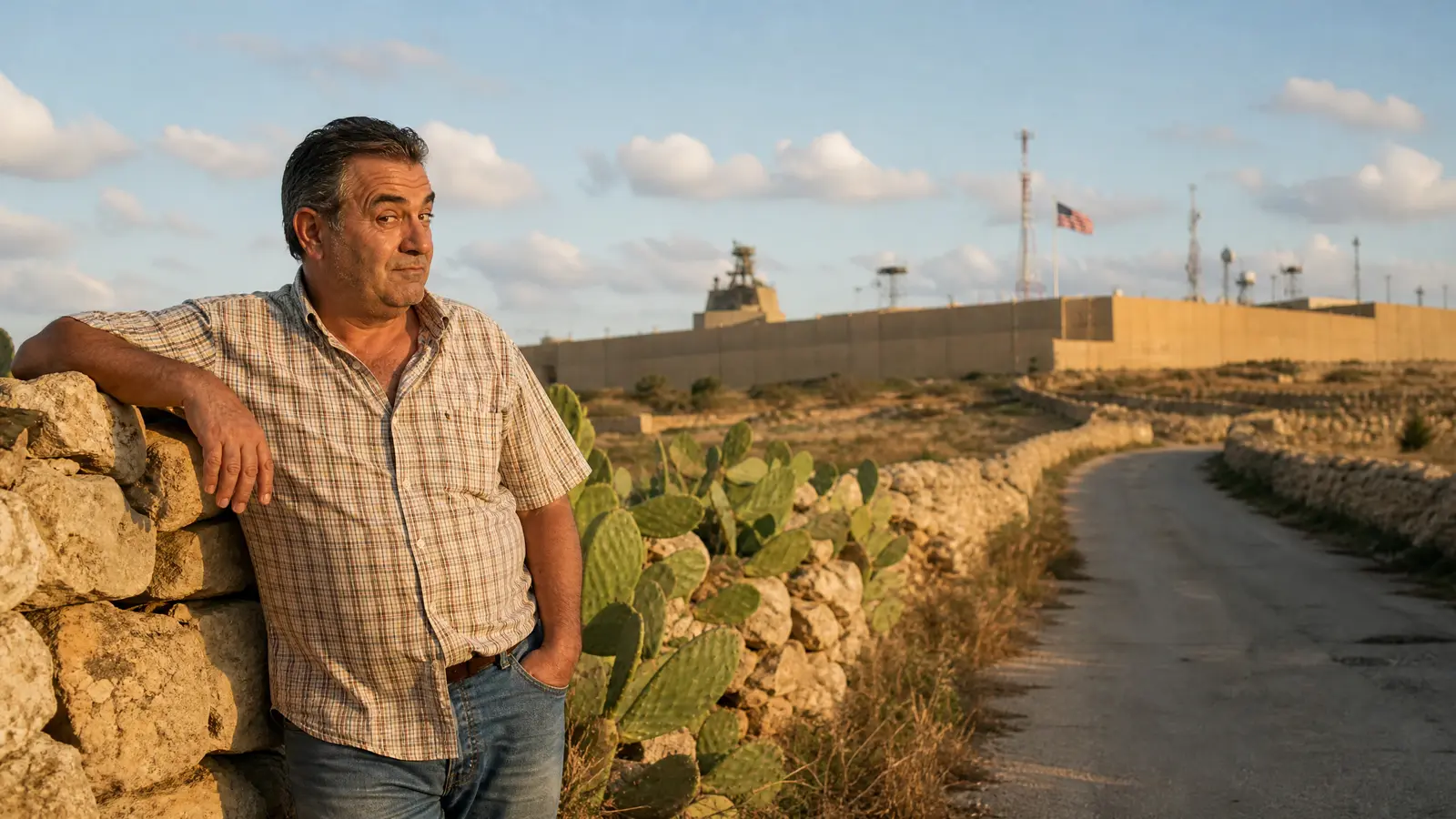 A Maltese man on a country road near Ta' Qali glances toward the walled US embassy compound in the distance.