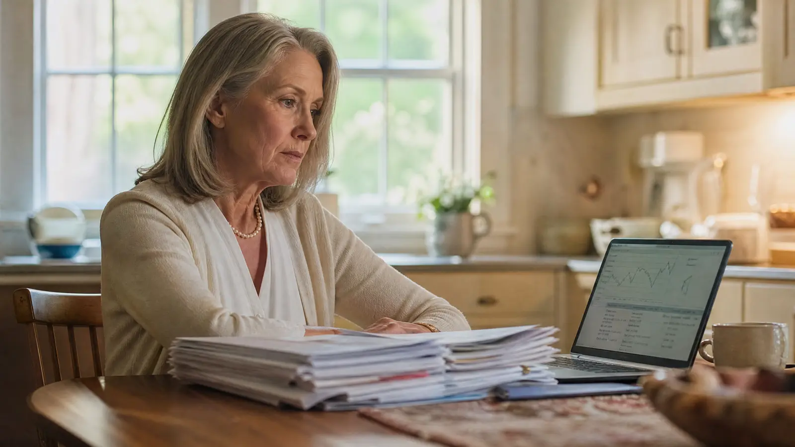A woman sits at a kitchen table with a stack of legal documents and a brokerage account on her laptop, facing the quiet weight of a foreign estate tax.