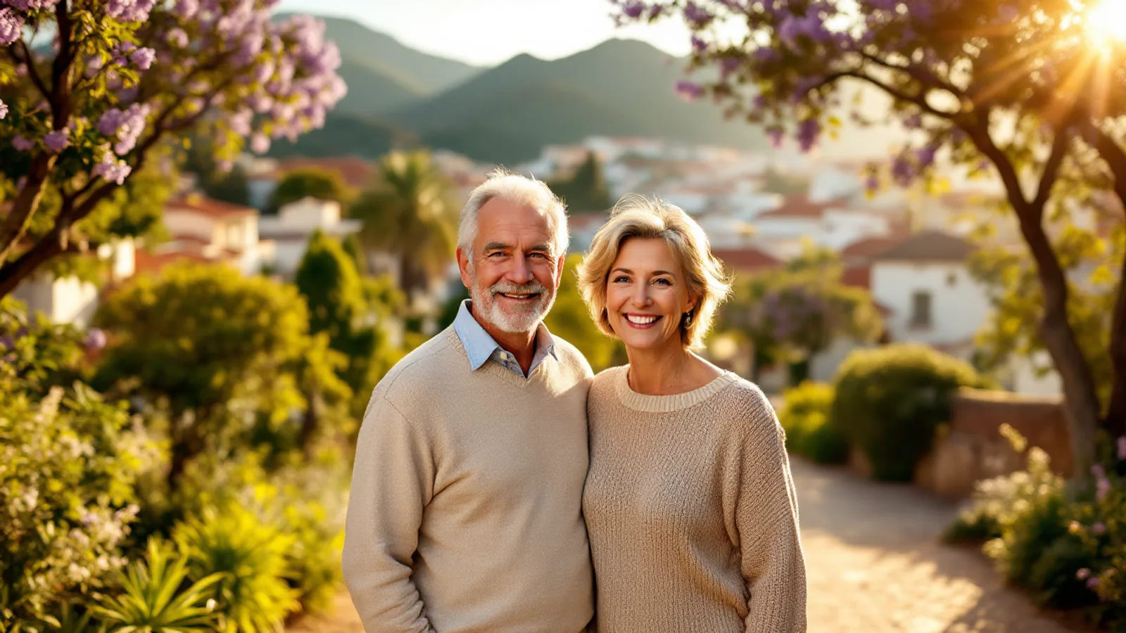 A smiling man and woman in their fifties stand close together under blooming jacaranda trees above the terracotta rooftops of a sunlit hillside town.