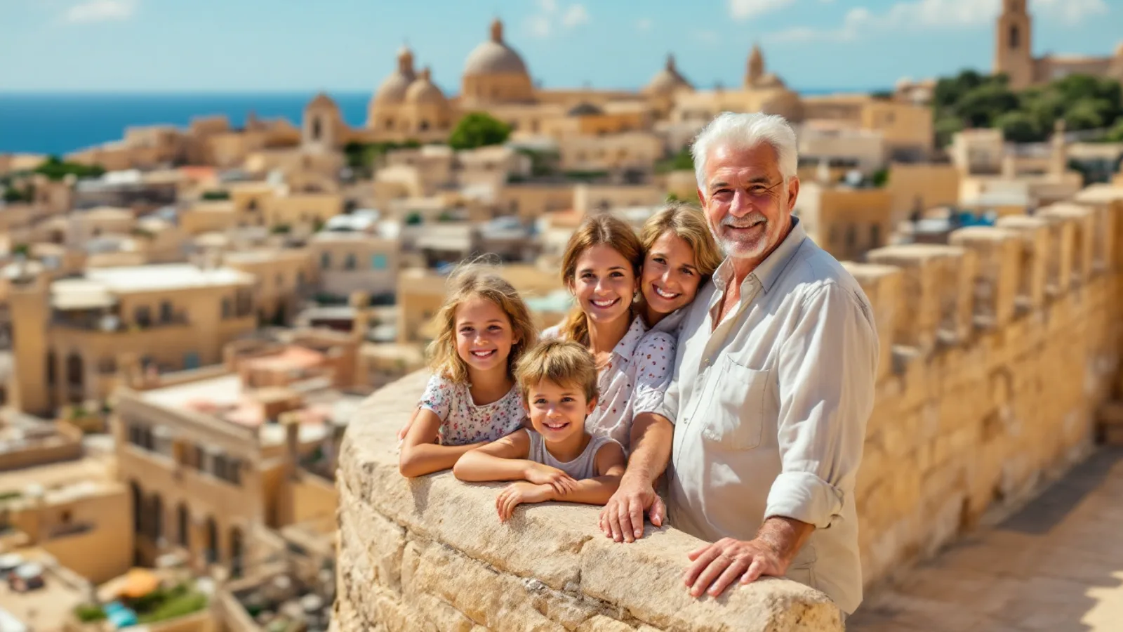 A grandfather, two women and two children smile on top of a limestone bastion, the domes and rooftops of an old fortified town behind them.