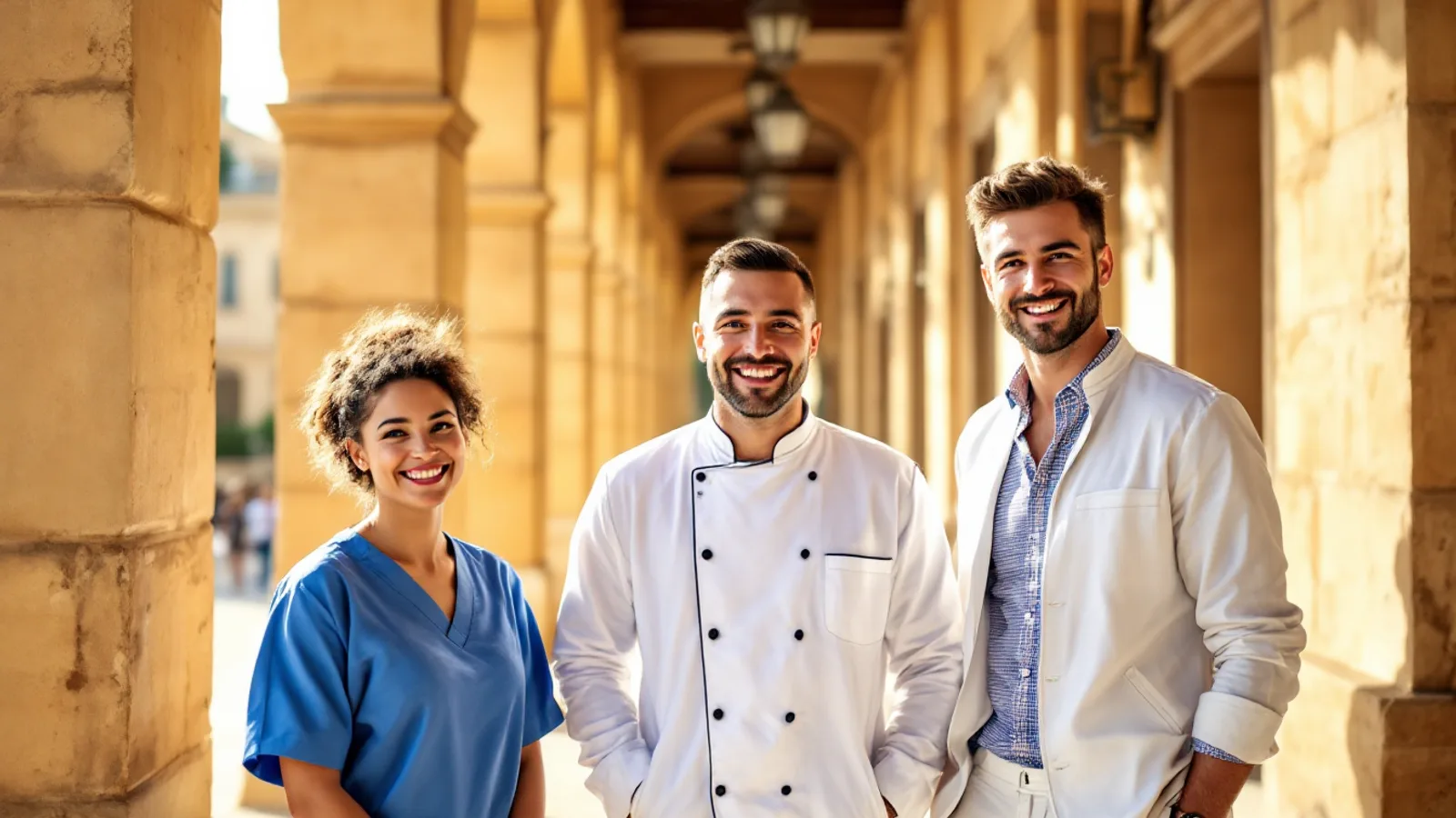 A nurse in blue scrubs, a chef in whites and a young man in a white jacket smile under a sunlit limestone colonnade.