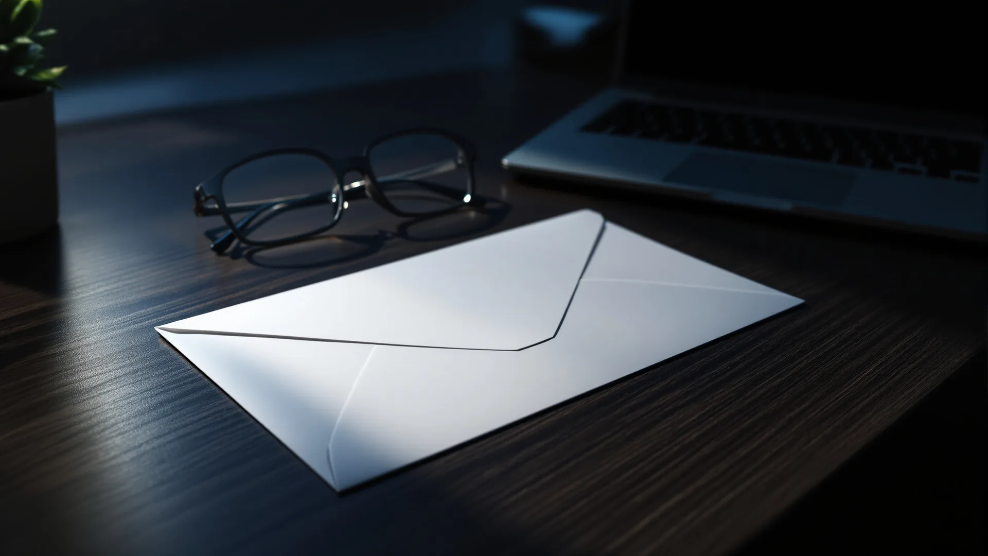 A sealed white envelope lying on a dark wooden desk beside a closed laptop, lit by cold morning light through a window. Landscape format.