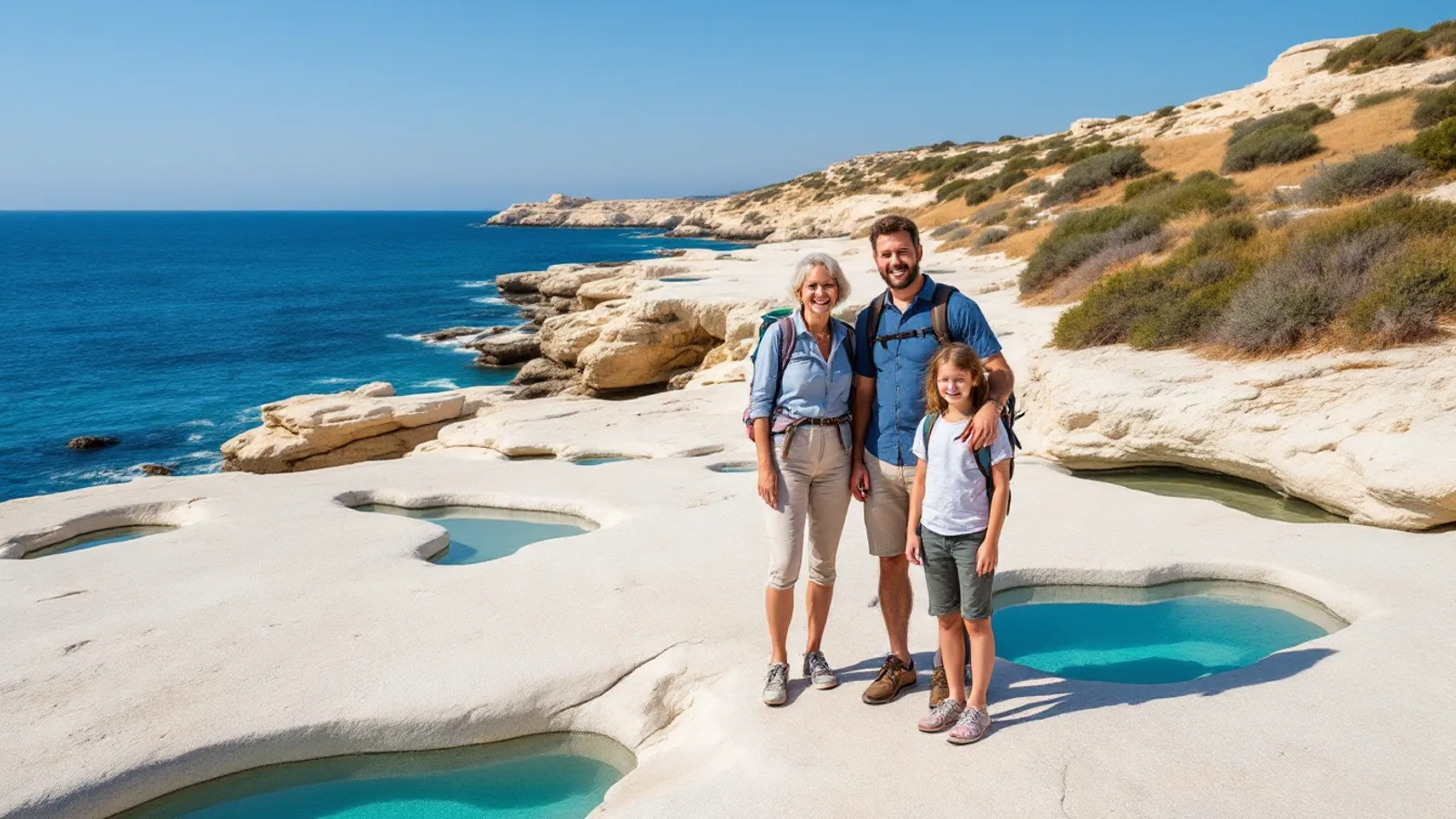 A woman, a man and a girl smile at the camera on a flat shelf of pale limestone with tide pools beside the calm blue sea on Malta's north-east coast.