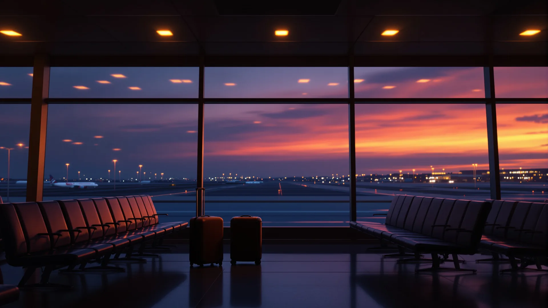Empty airport departure gate at dusk with a single packed suitcase standing beside a row of vacant seats