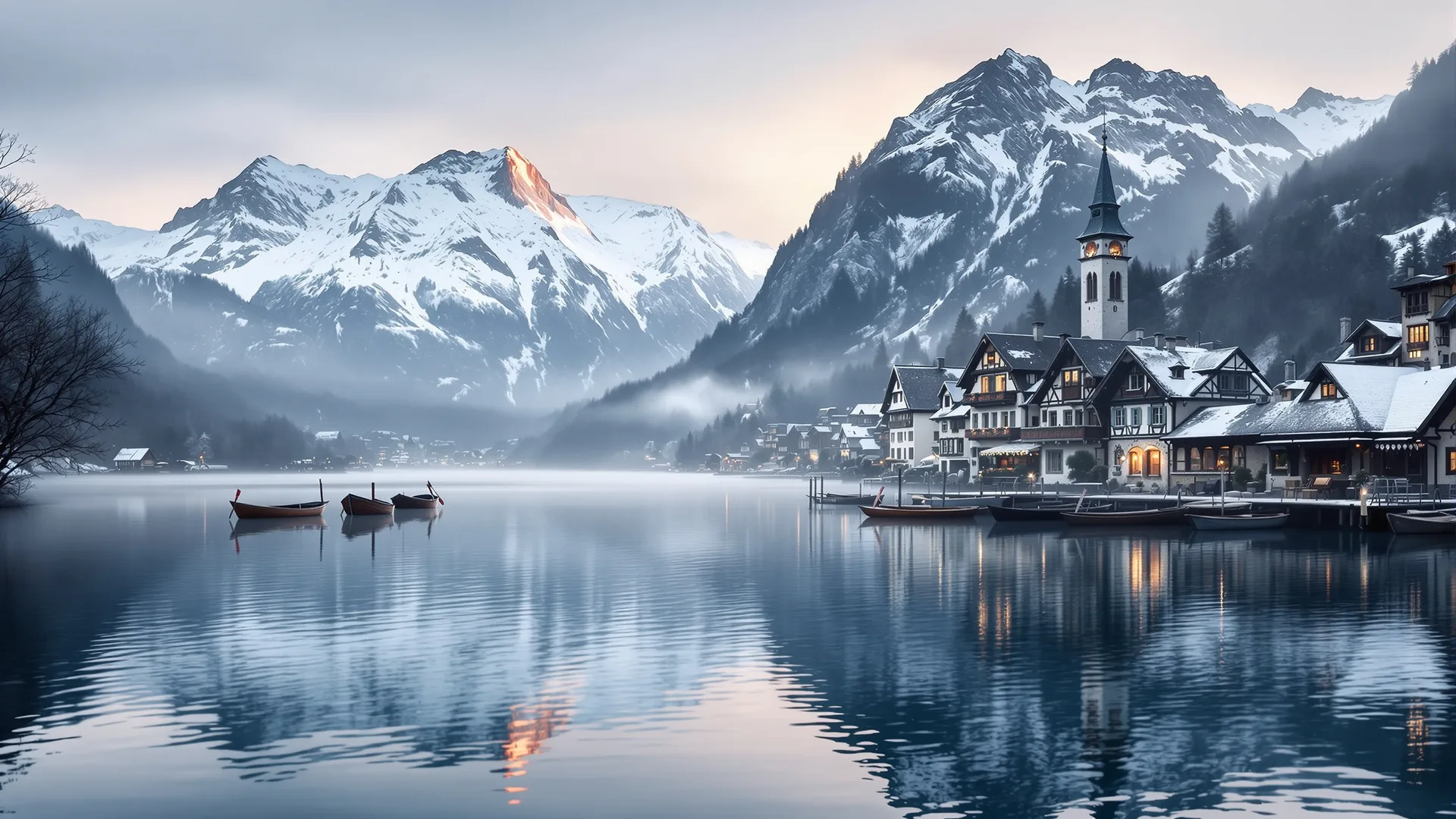 A quiet, orderly Swiss lakeside town at dawn, mist over calm water, tidy stone buildings and moored wooden boats, mountains in the background.