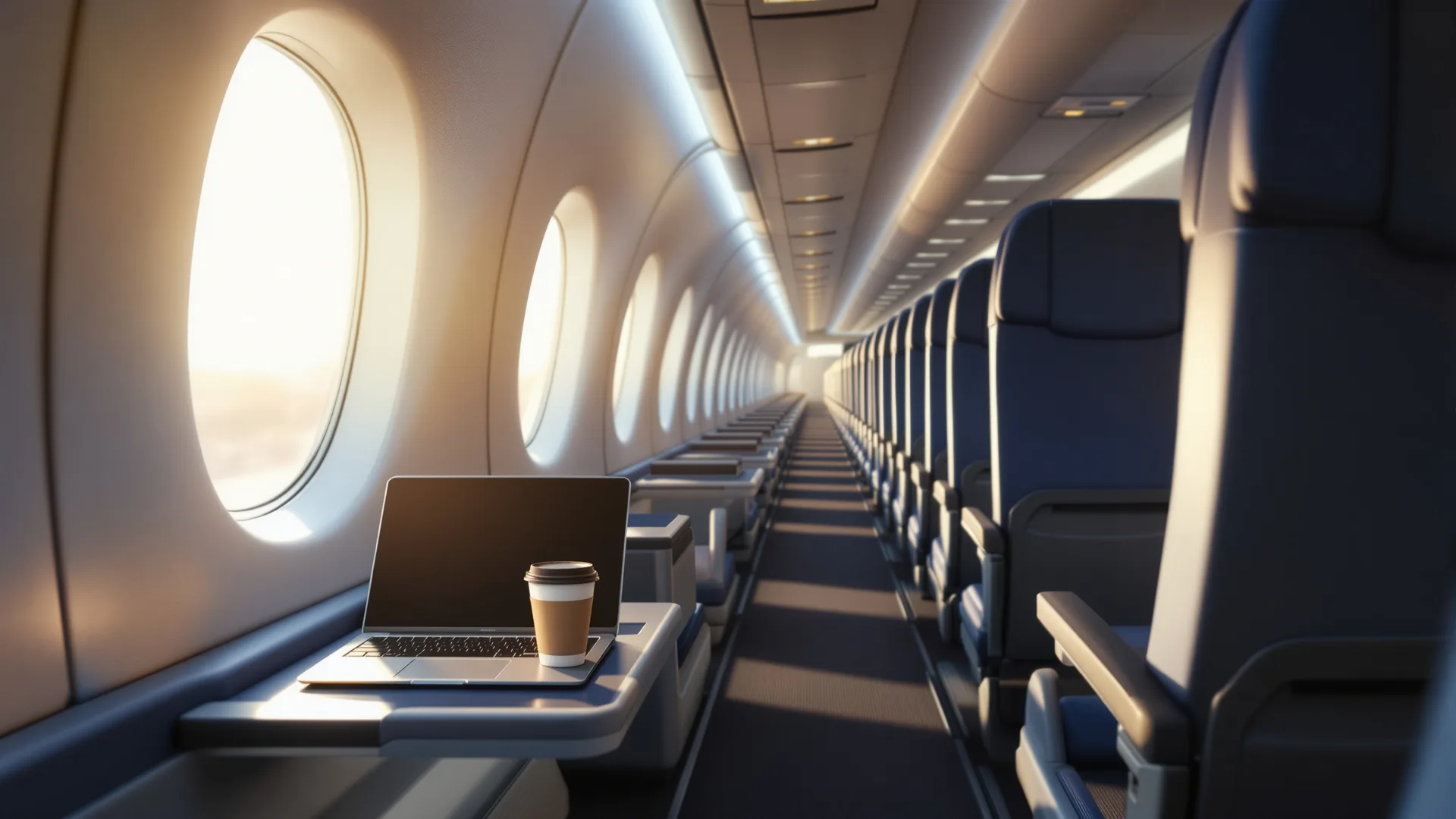 View down the aisle of an economy cabin in flight, morning light through the windows, a laptop open on a tray table